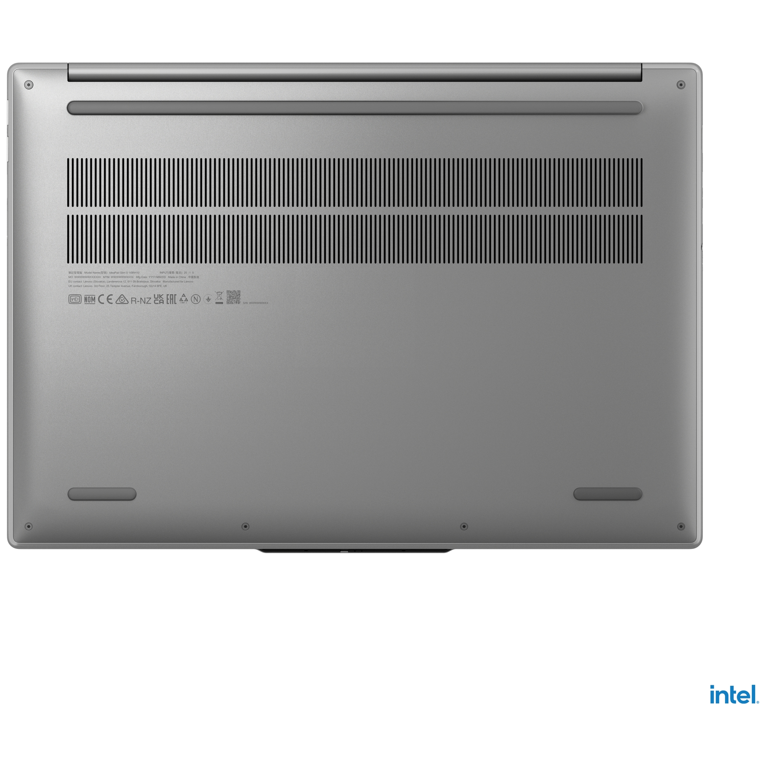 Underside of a gray laptop with ventilation slots and certification marks.