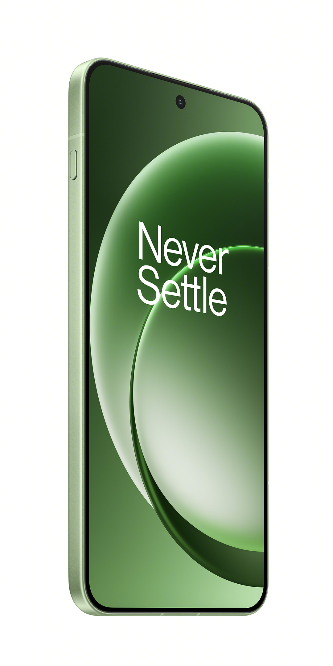Világoszöld okostelefon „Never Settle” felirattal a képernyőjén.