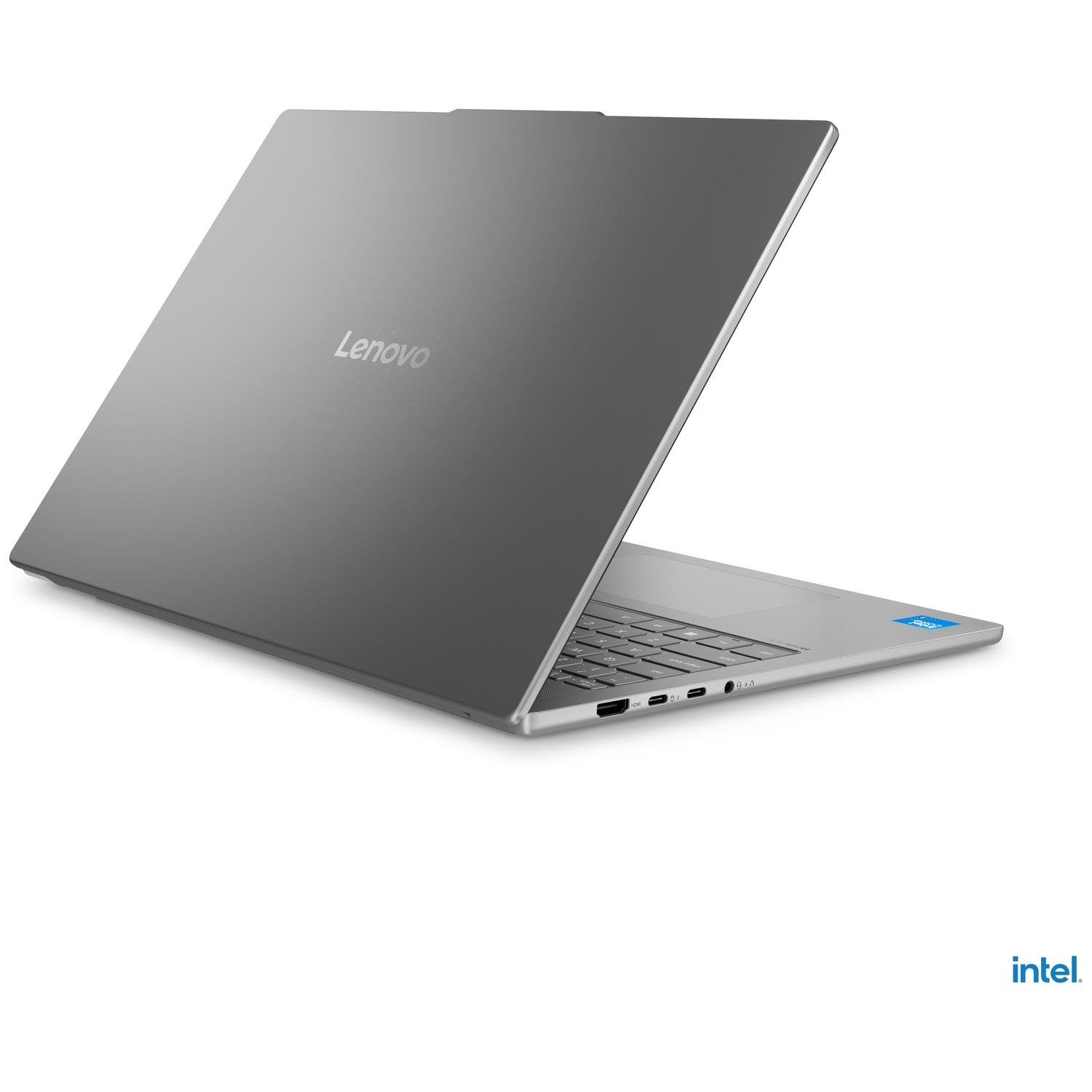 Gray Lenovo laptop with keyboard, ports, and Intel logo.