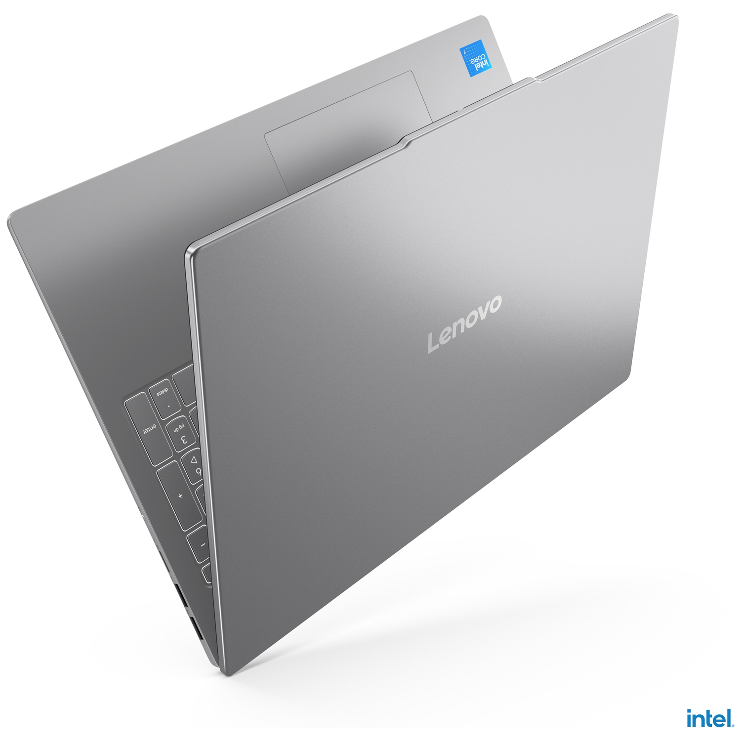 A silver Lenovo laptop with an Intel Core i7 sticker, top view.