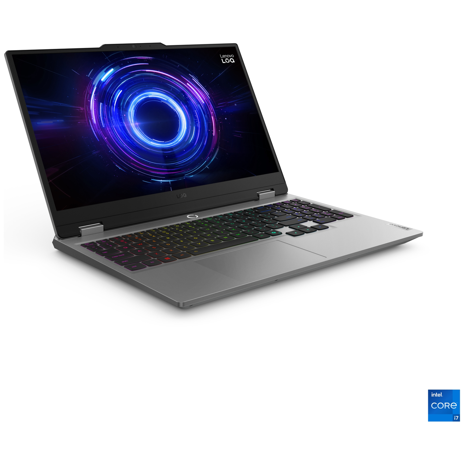A silver laptop with a glowing keyboard and an abstract wallpaper displayed.