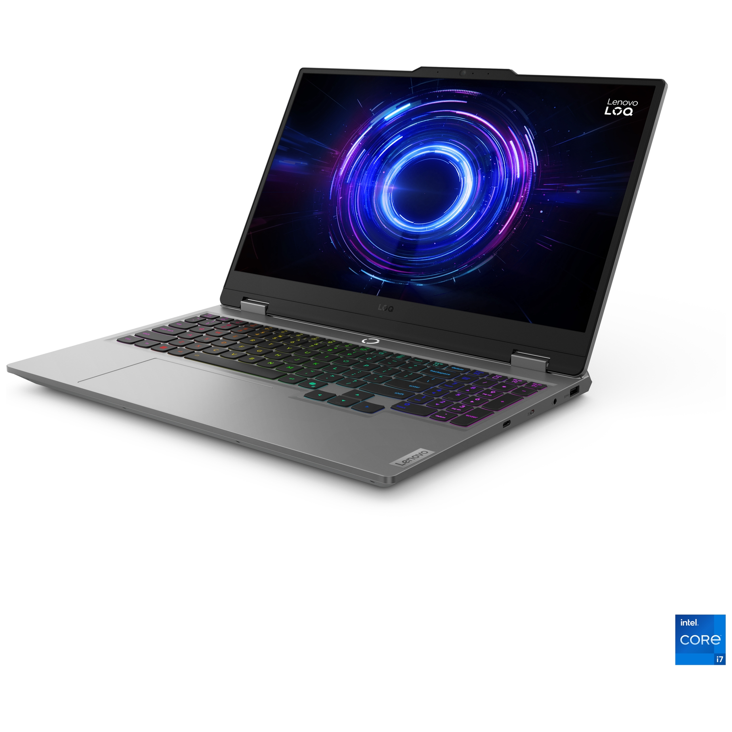 Gray laptop with colorful keyboard and abstract image on screen.
