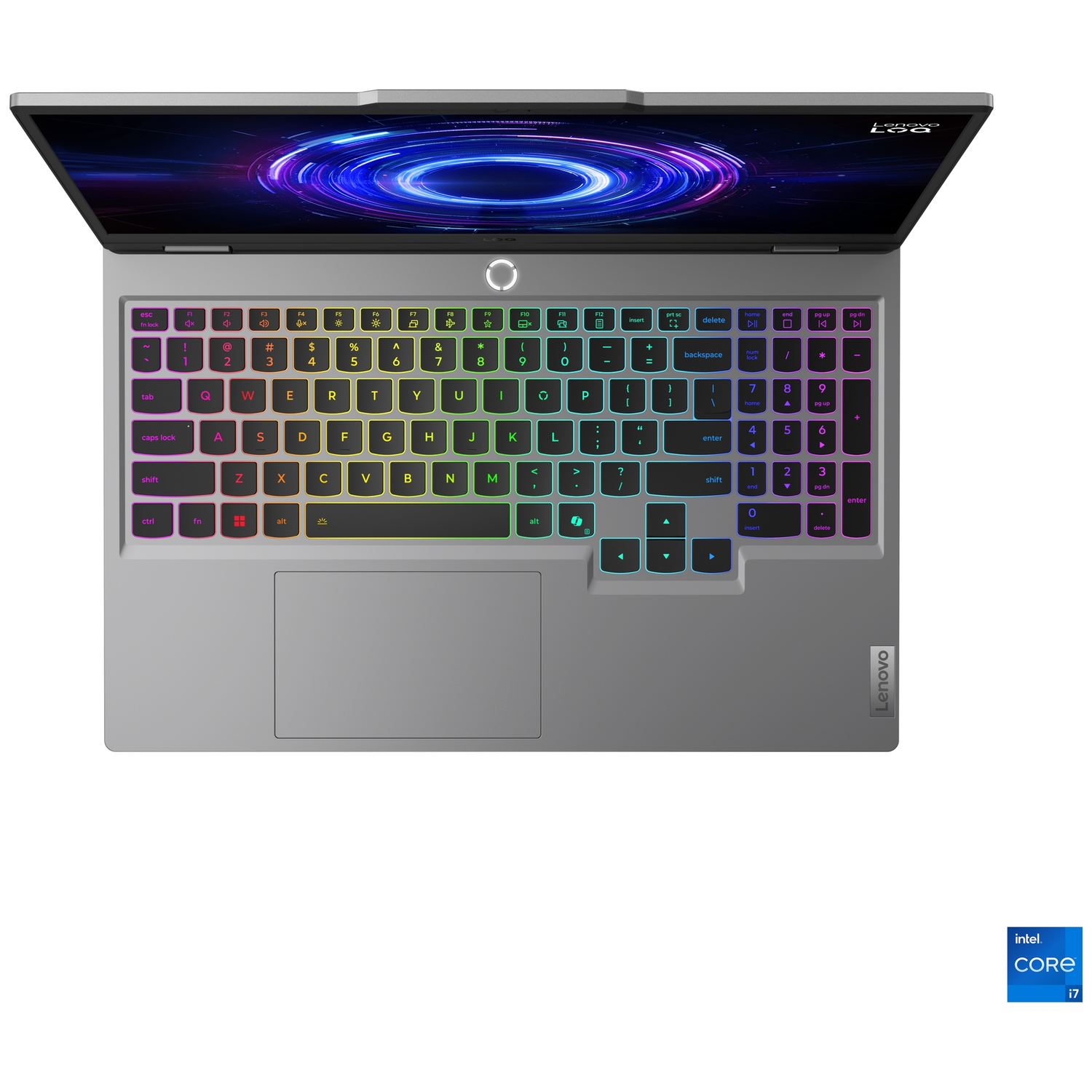 A silver laptop with a backlit keyboard and an Intel Core i7 sticker.
