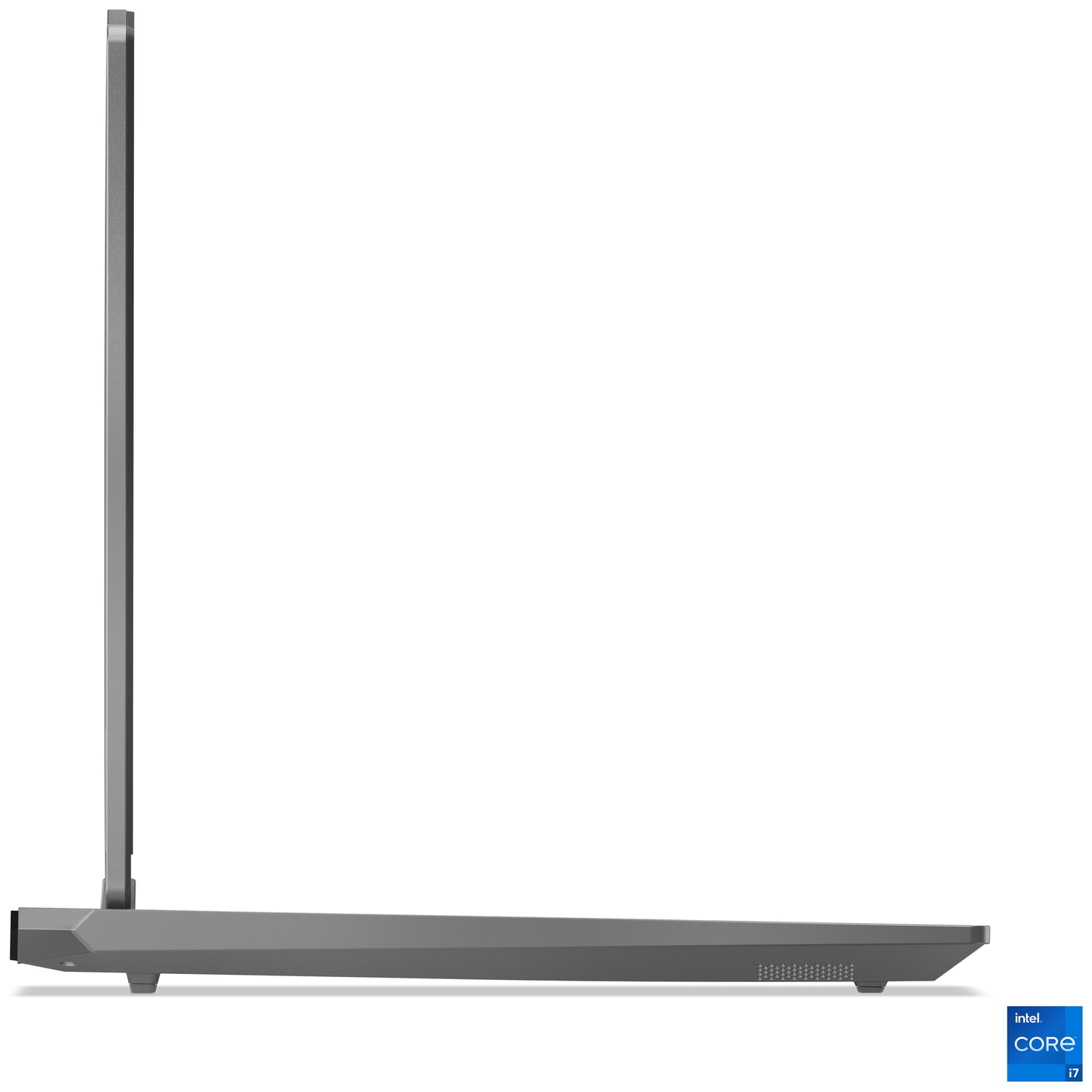Gray laptop in profile view. Intel Core i7 logo is at the bottom right.
