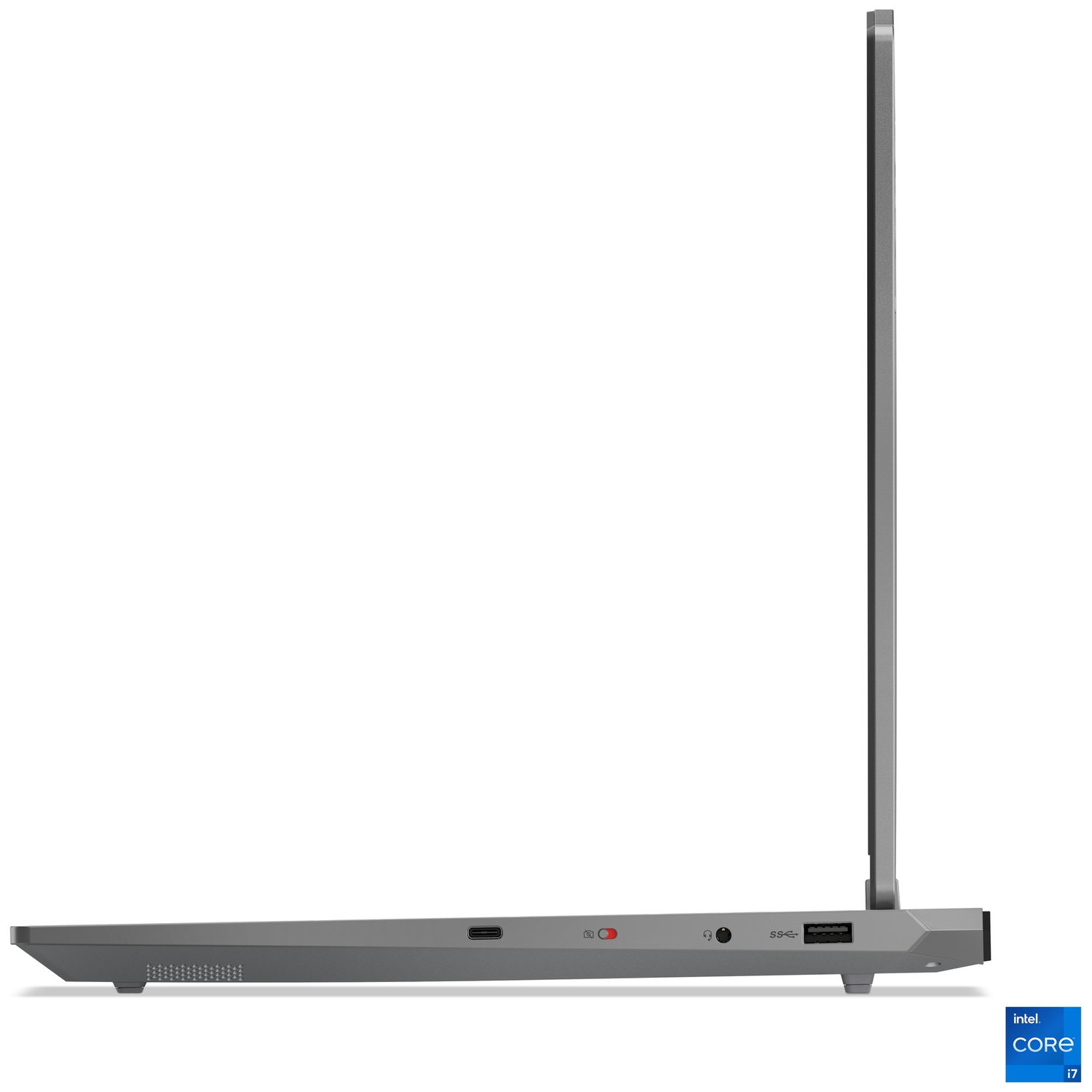 Gray laptop shown from the side, featuring USB-C, USB-A, and headphone jack.