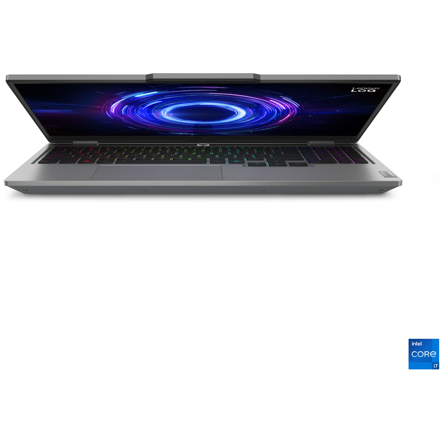 An open grey laptop with a backlit keyboard and a colorful wallpaper.