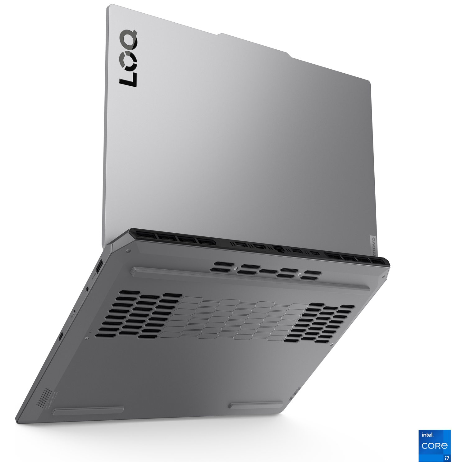 Gray laptop with LOQ logo. Vented bottom, with Intel Core i7 sticker.