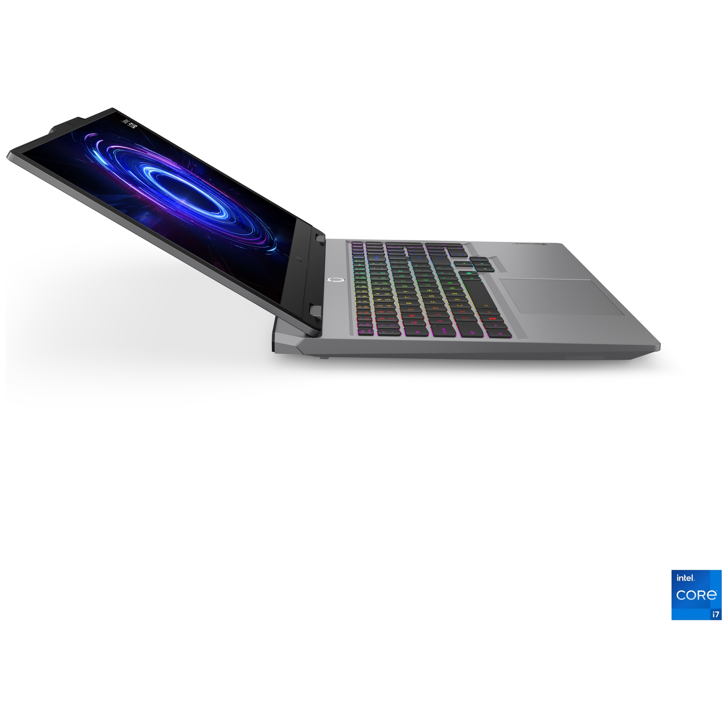 A gray laptop with a colorful backlit keyboard and an Intel Core i7 logo.