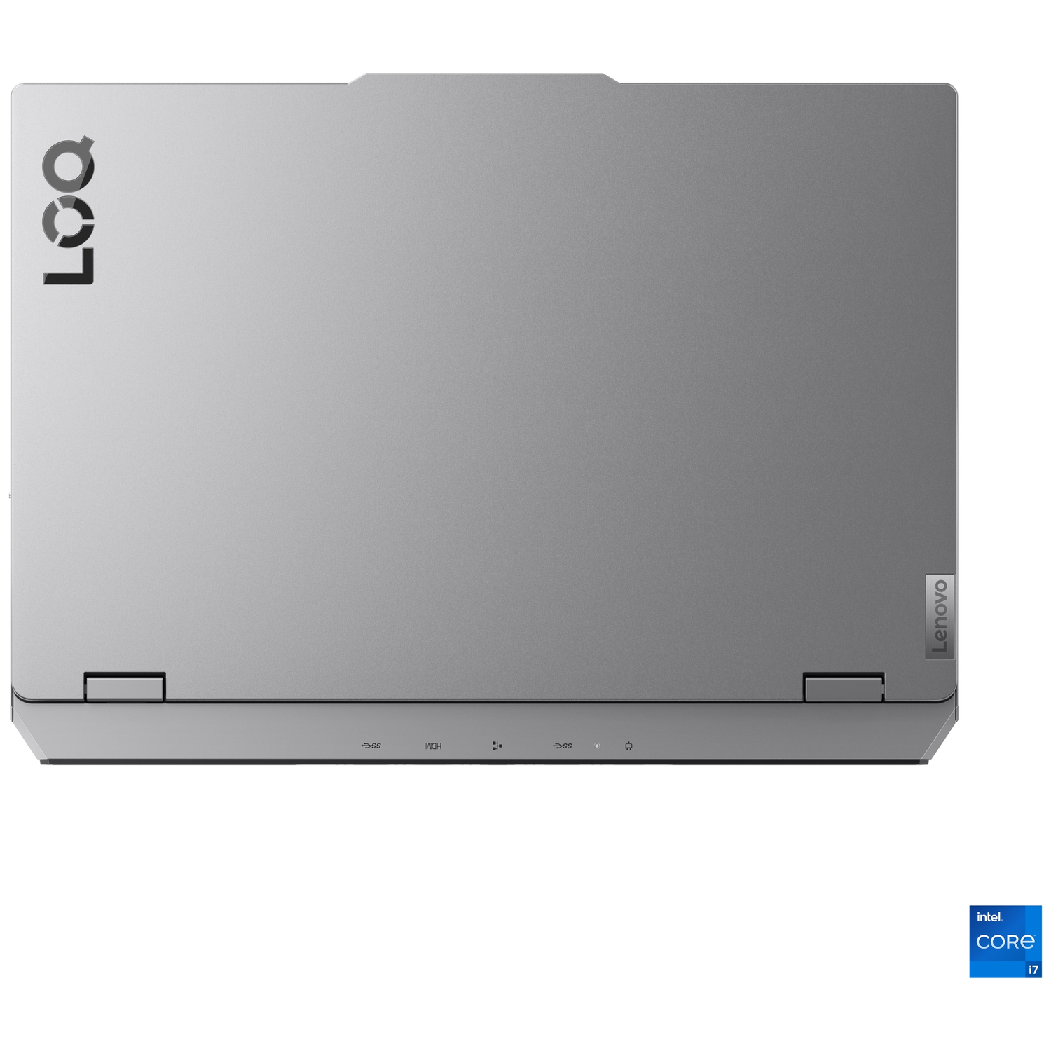 Gray laptop with LOQ logo and Intel Core i7 sticker. Ports visible on the side.