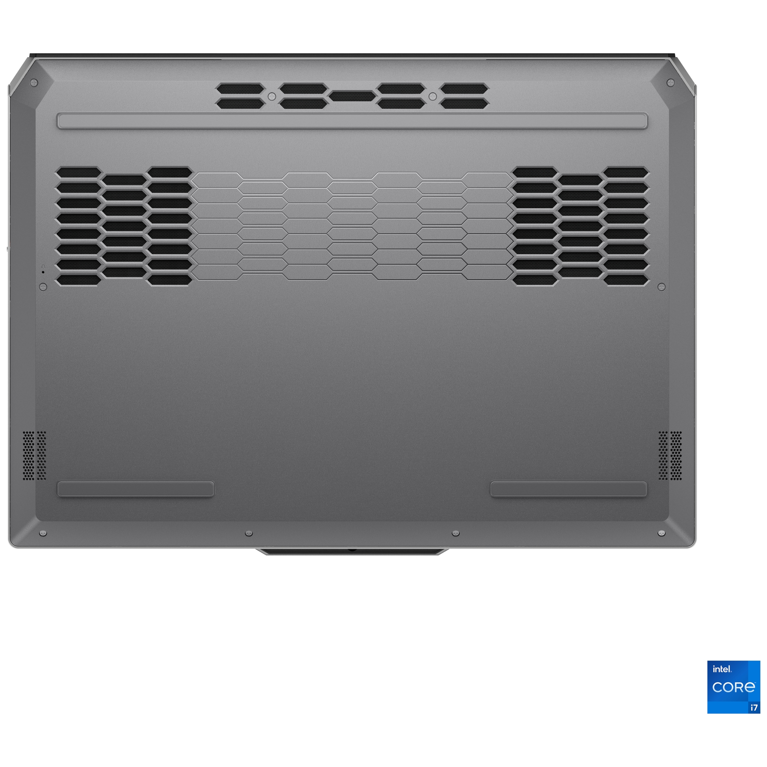 Underside of a gray laptop with vents and Intel Core i7 logo.
