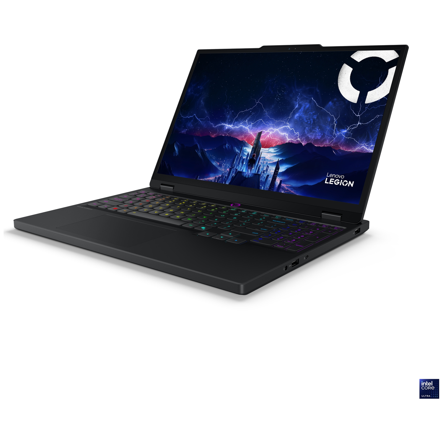 Black laptop with illuminated keyboard and futuristic screen lock.