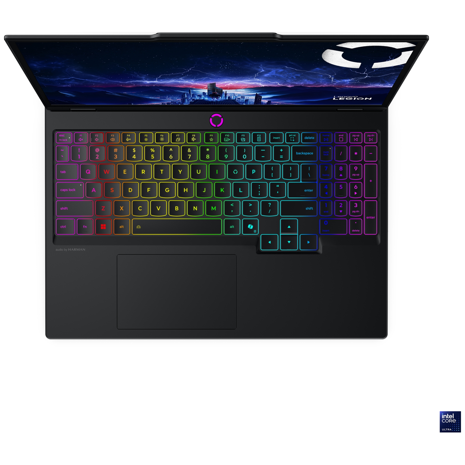 A black laptop with a colorful illuminated keyboard and a futuristic wallpaper.