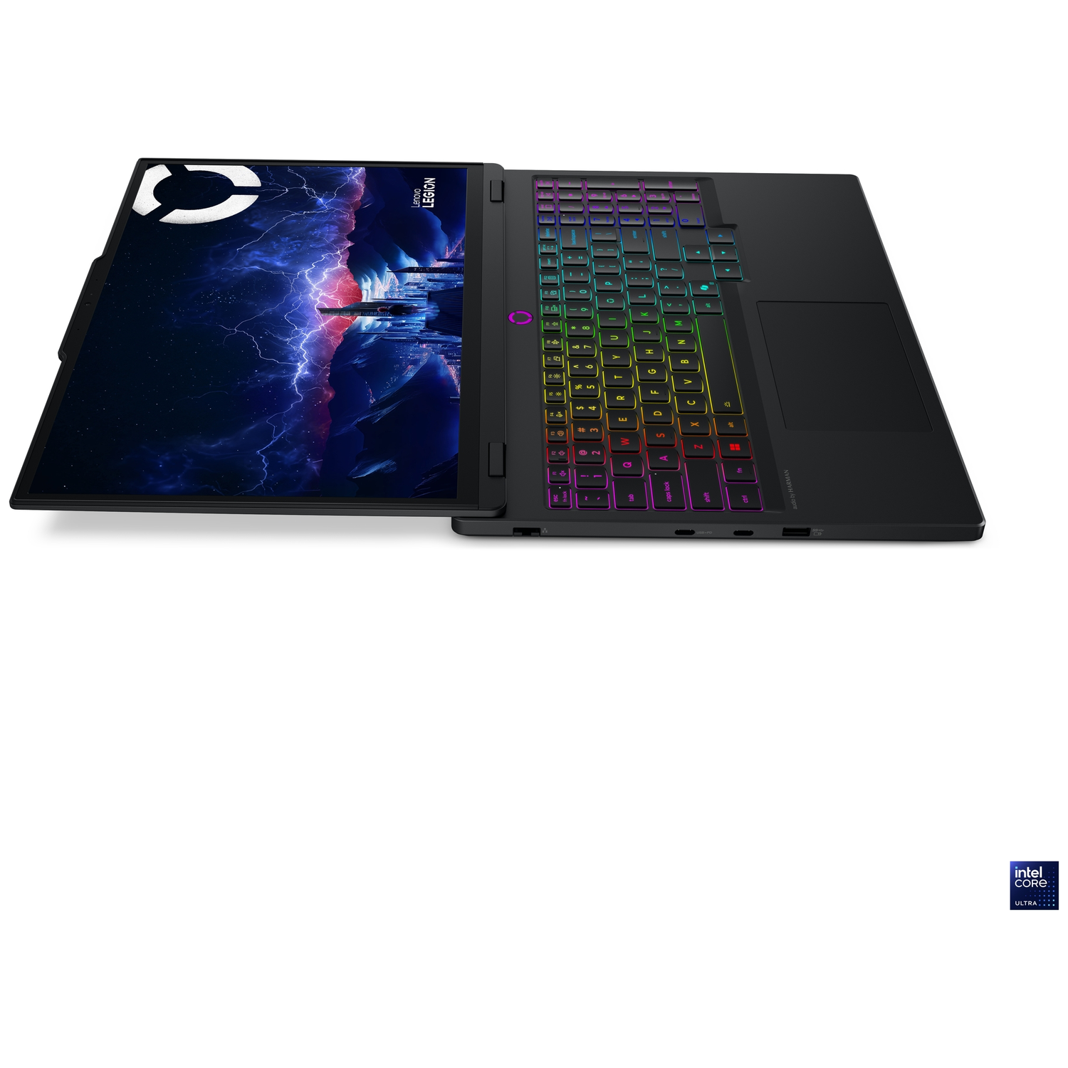 Black laptop with illuminated keyboard and cosmic wallpaper.