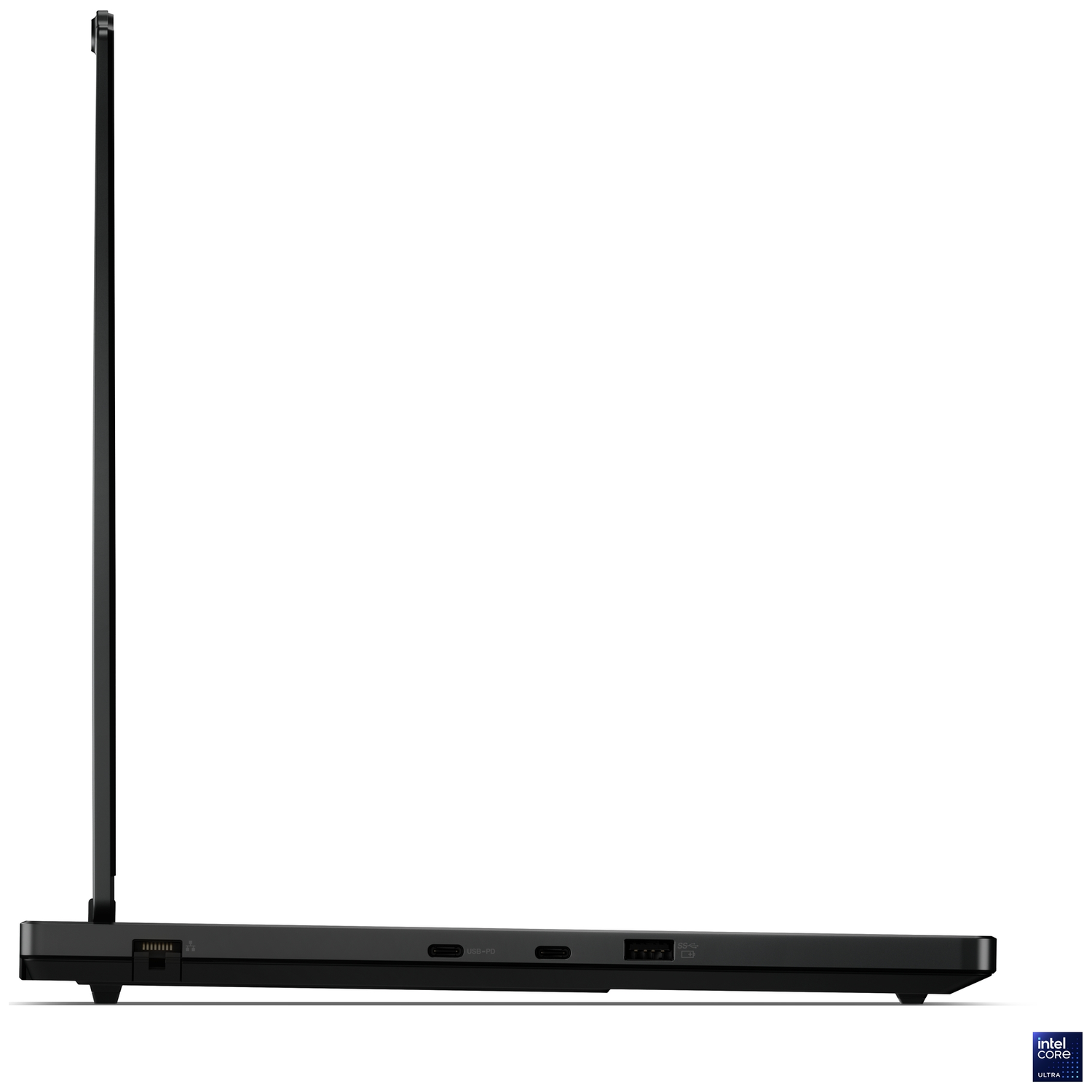 Black laptop in profile with screen open. Ports are visible.
