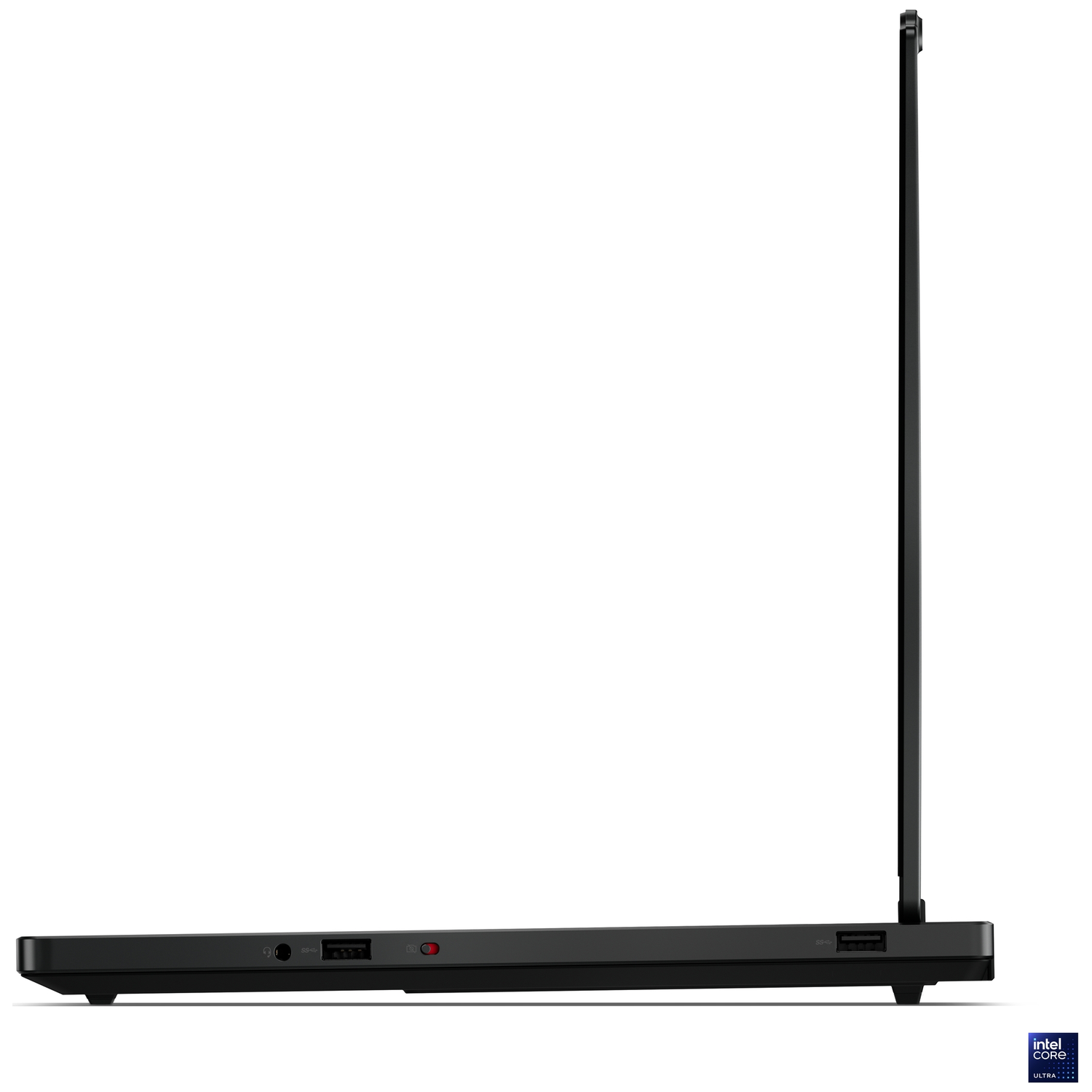 Black laptop in side profile with screen open and ports visible.