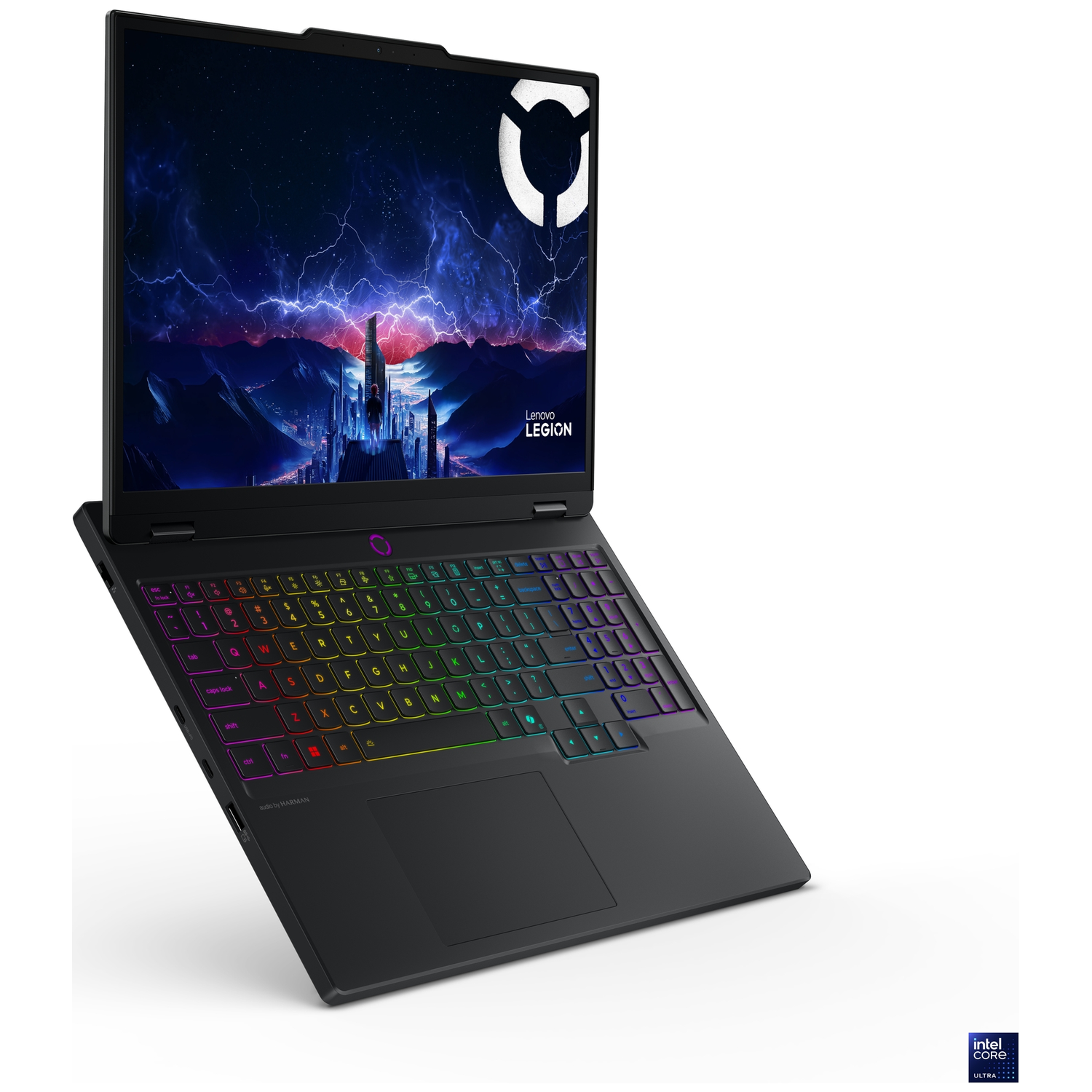 Black Lenovo Legion laptop with rainbow keyboard and futuristic wallpaper.