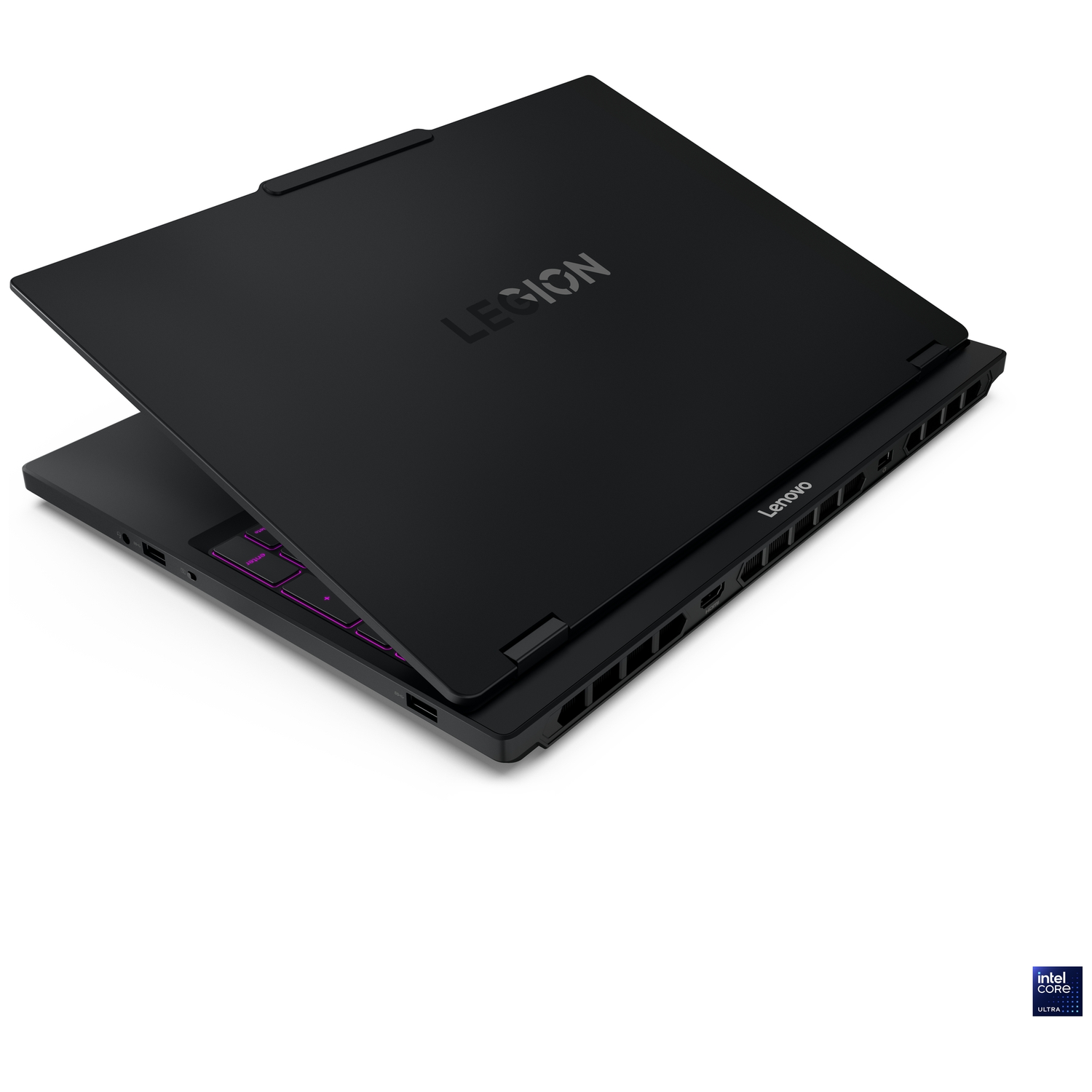 Black Lenovo Legion laptop with purple keyboard and Intel Core Ultra logo.