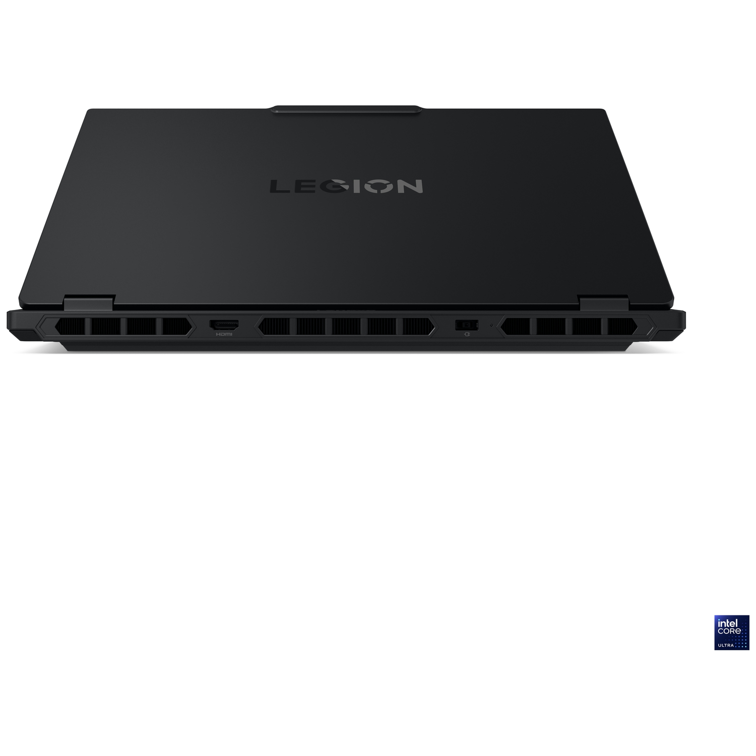 Black laptop with "LEGION" logo and side ports. Intel Core Ultra logo.