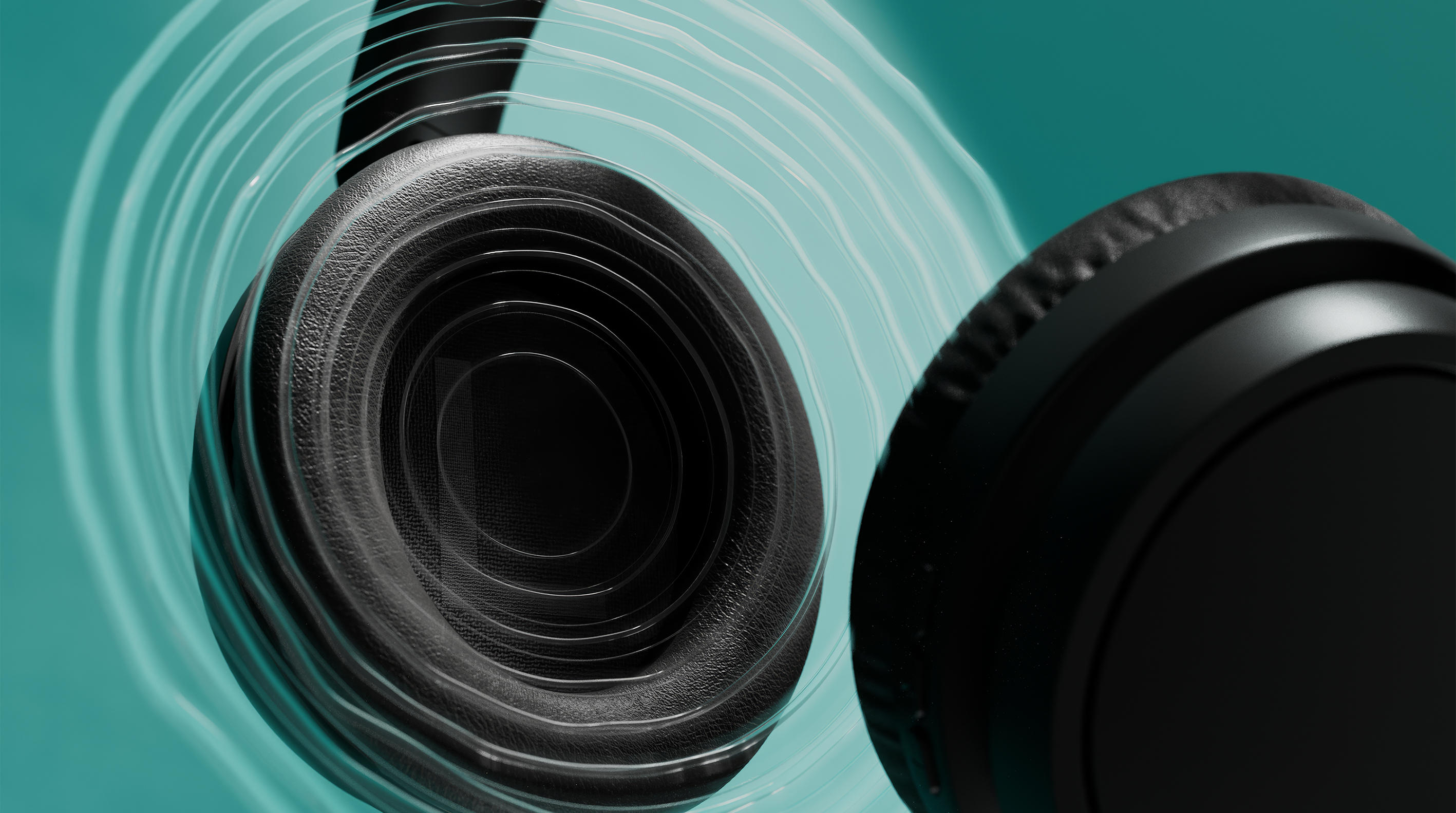 Schwarze Kopfhörer mit stilisierten Schallwellen auf teal Hintergrund.