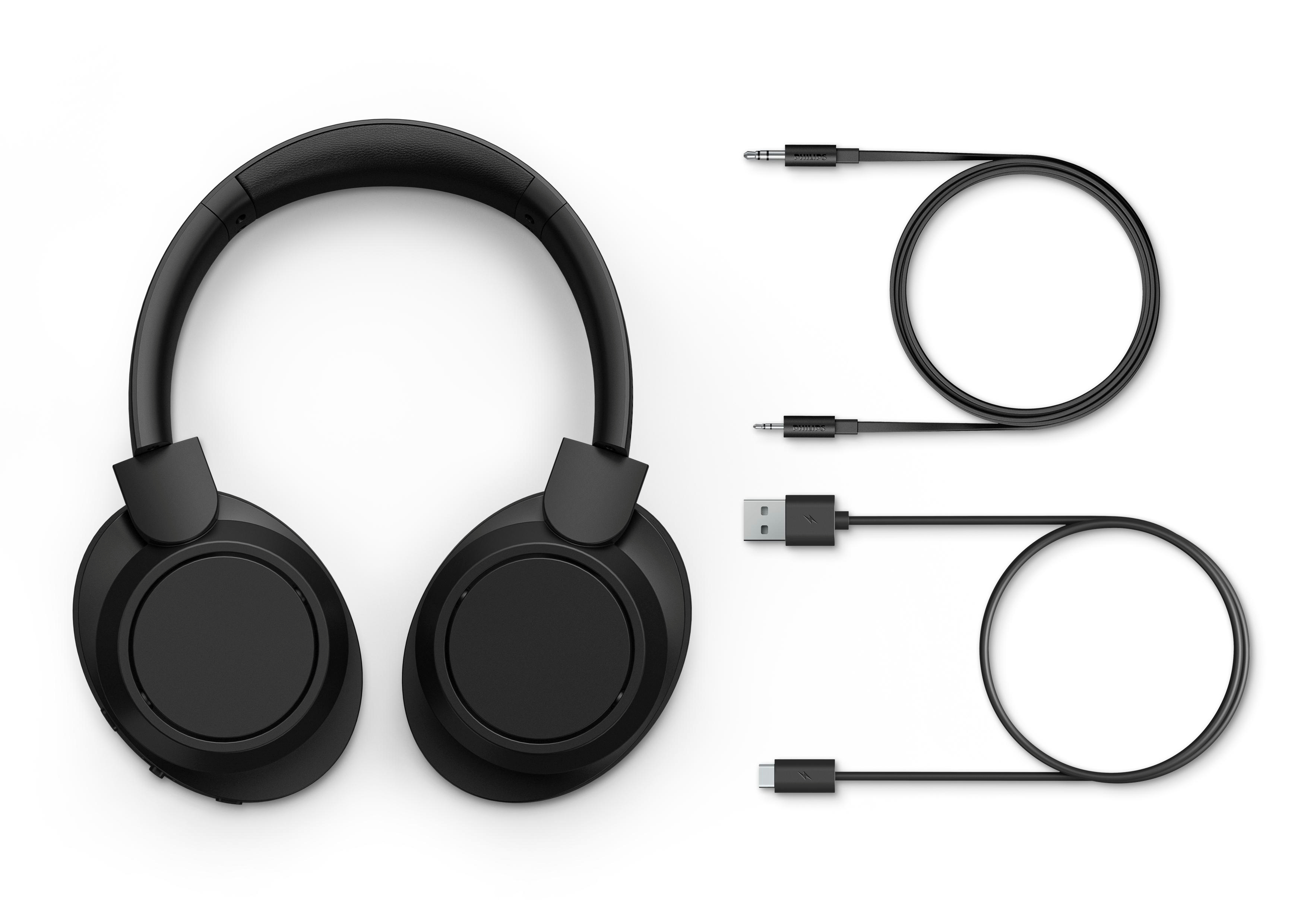 Schwarze Kopfhörer mit drei Kabeln: Klinke, USB-A und USB-C.