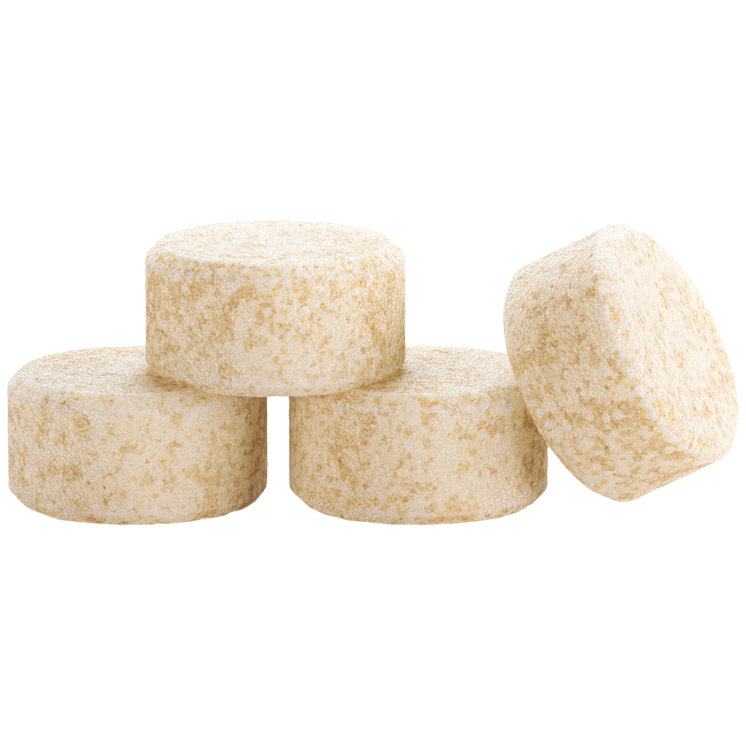 Vier ronde, lichtbruine koekjes liggen naast elkaar op een witte achtergrond.