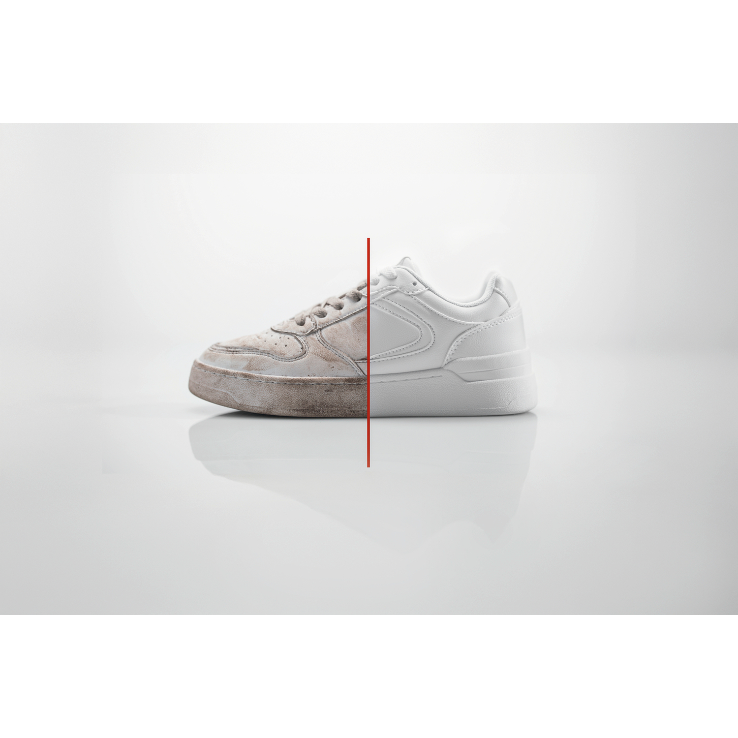 Voor en na vergelijking van een witte sneaker, links vies, rechts schoon.