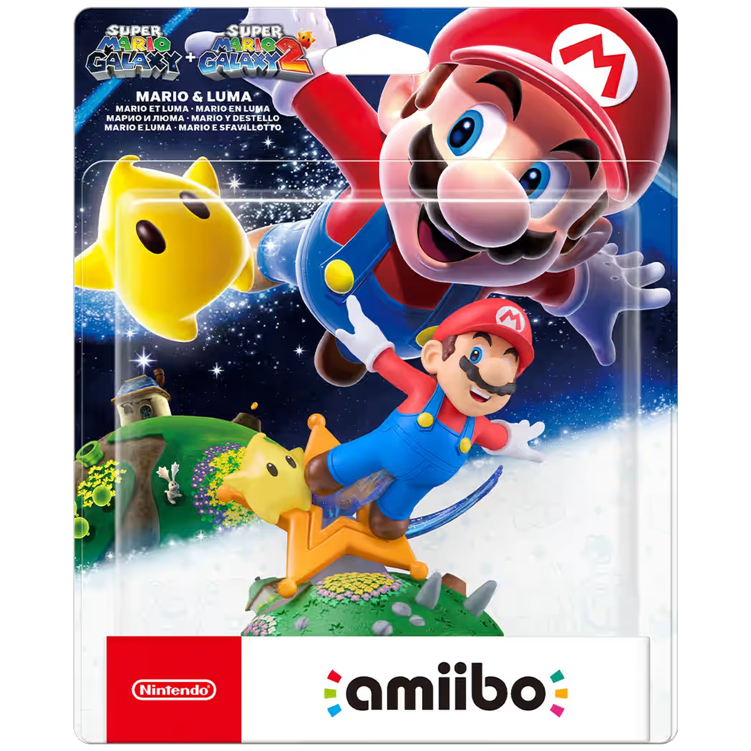 Mario en Luma Amiibo verpakking met ruimteachtergrond en Nintendo-logo.