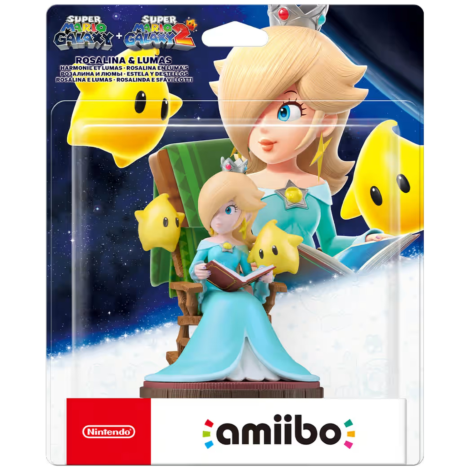 Rosalina & Lumas Amiibo figure sitting and reading, surrounded by stars.