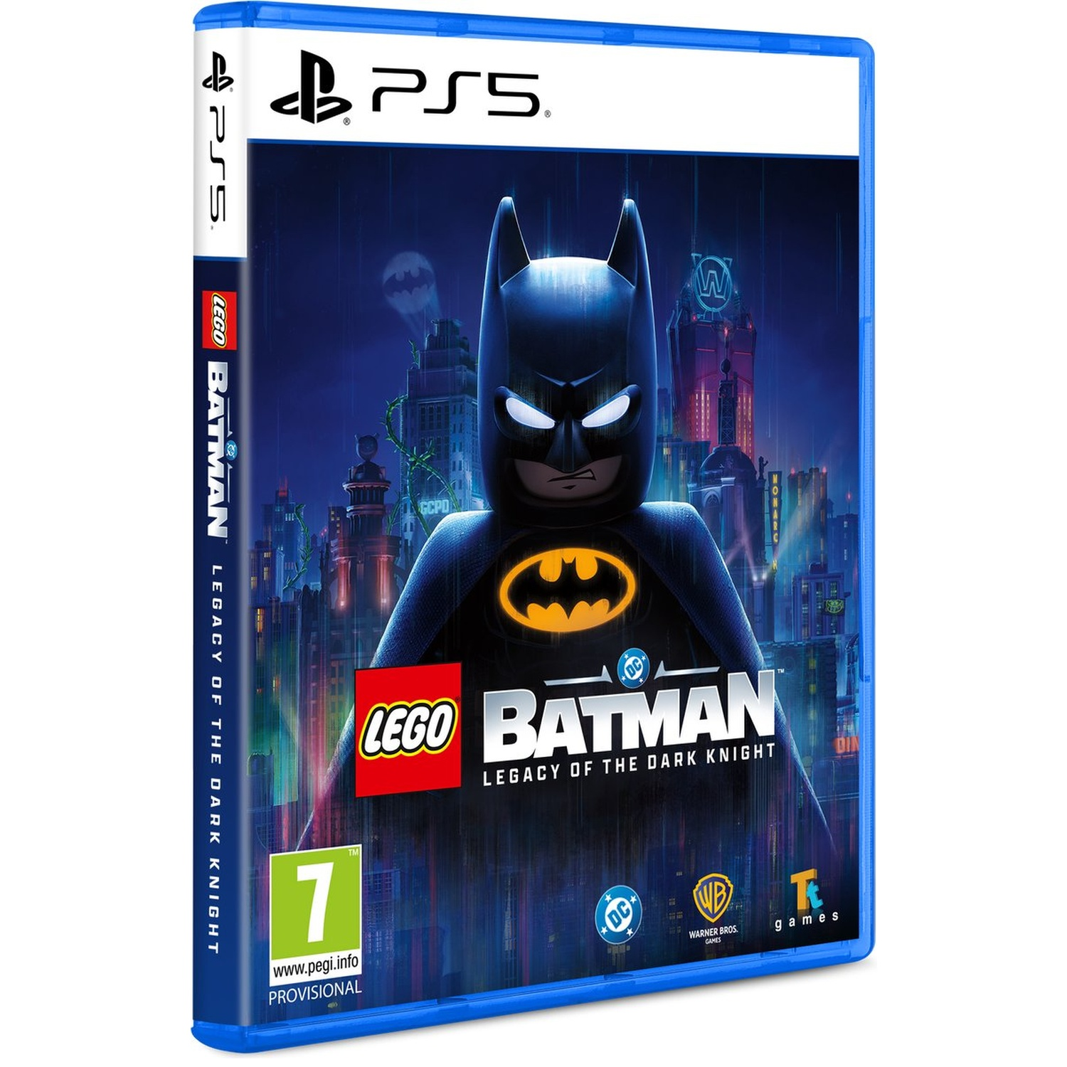 Lego Batman: Legacy of the Dark Knight PS5 game case with Batman in foreground, city skyline in background.