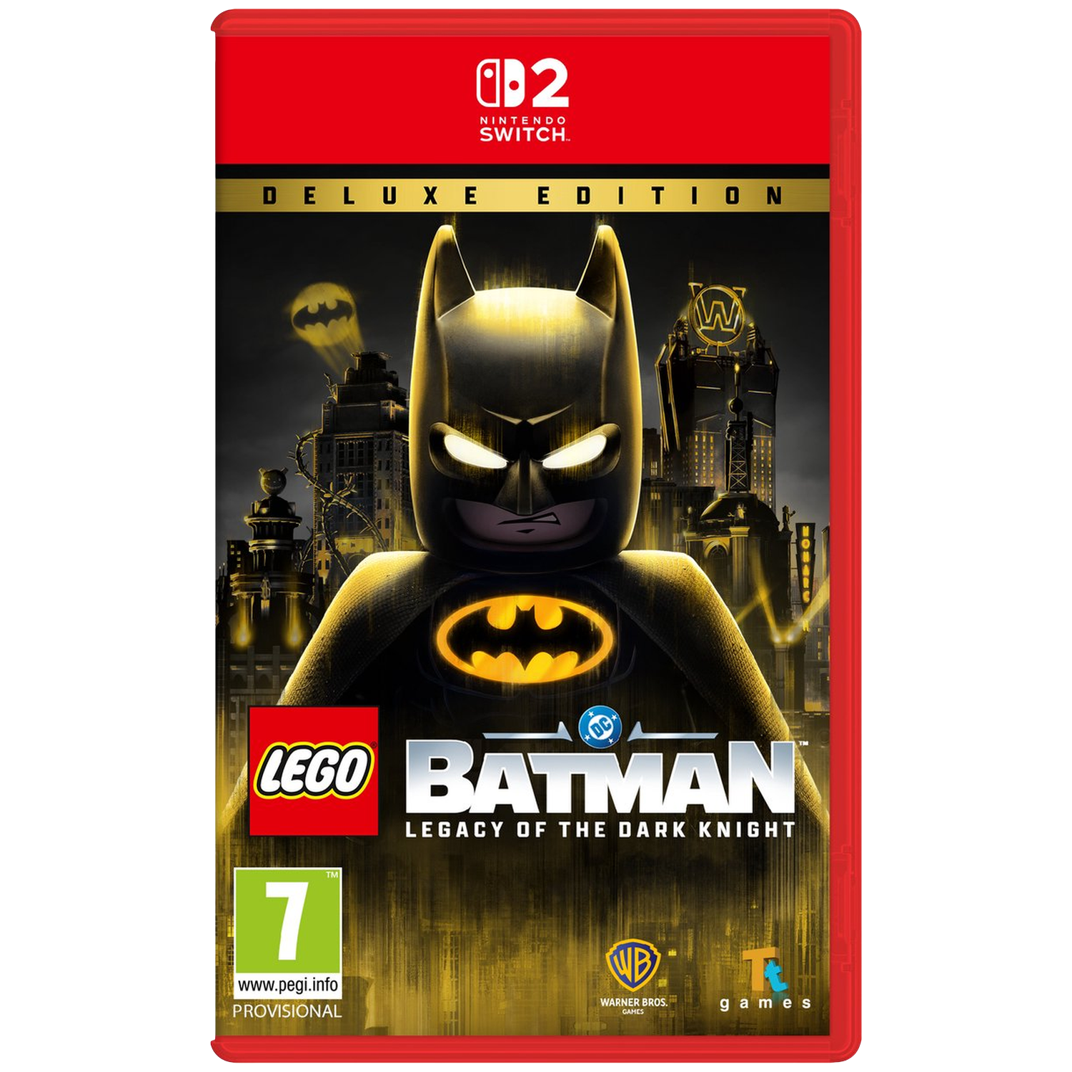 Lego Batman Édition Deluxe pour Nintendo Switch. Batman au premier plan, ville en arrière-plan.