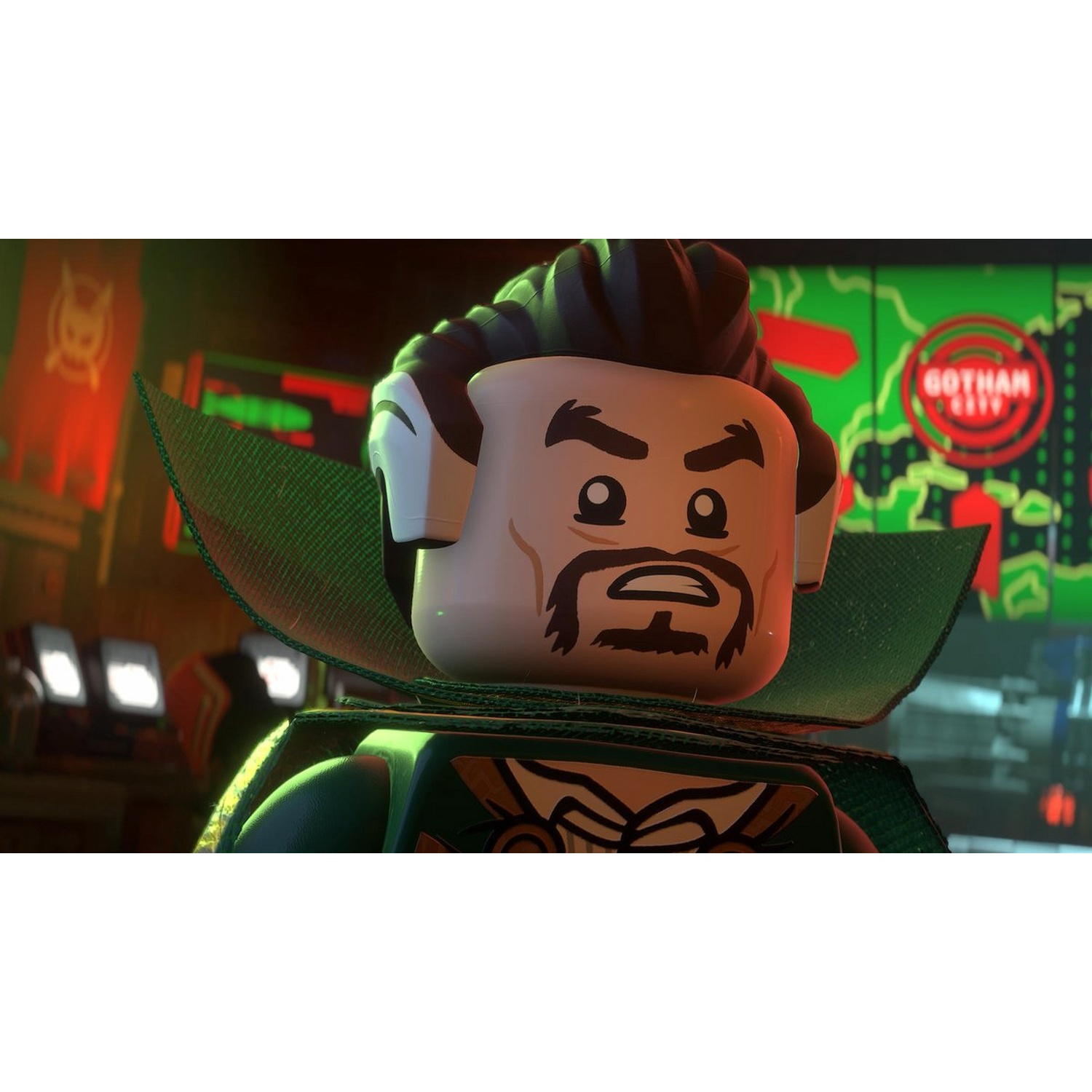 Een Lego-figuur met baard en groene cape staat voor een kaart van Gotham City.