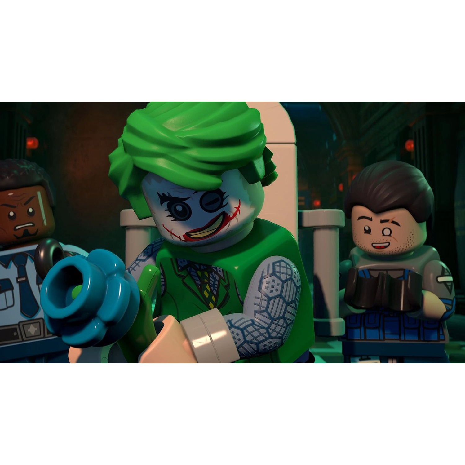 Drie Lego-figuren: Een Joker met groen haar, een politieagent en een man in een grijs shirt.