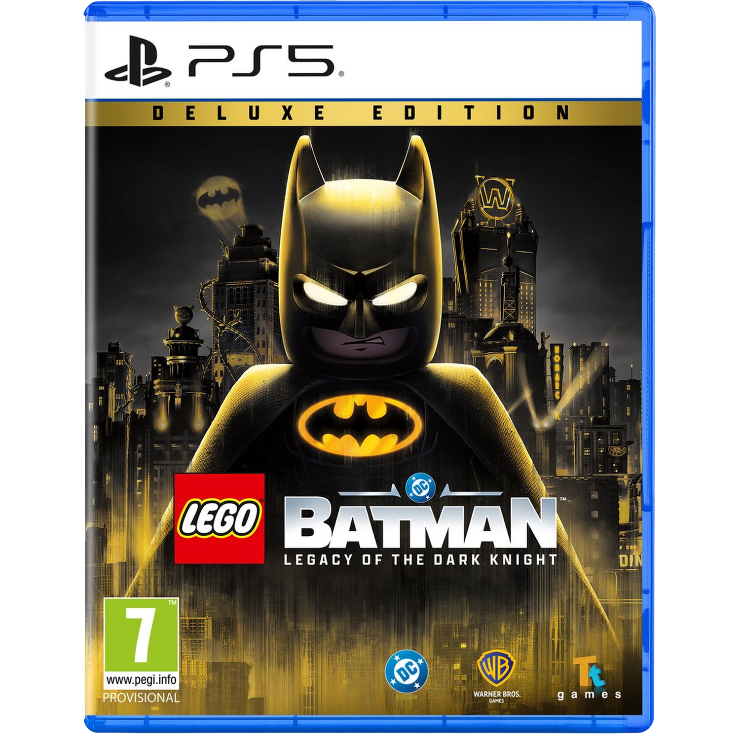 Couverture du jeu Lego Batman Deluxe Edition PS5. Batman devant une sombre ligne d'horizon urbaine.