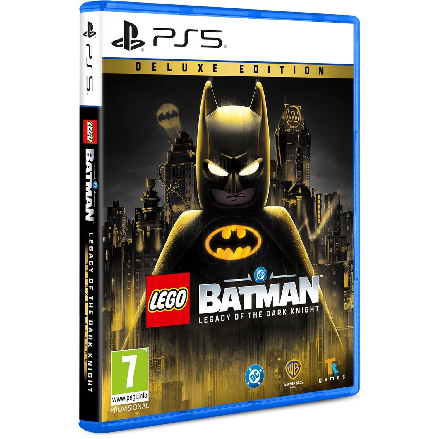 Boîtier du jeu Lego Batman Deluxe Edition PS5 avec Batman au premier plan et ville derrière.