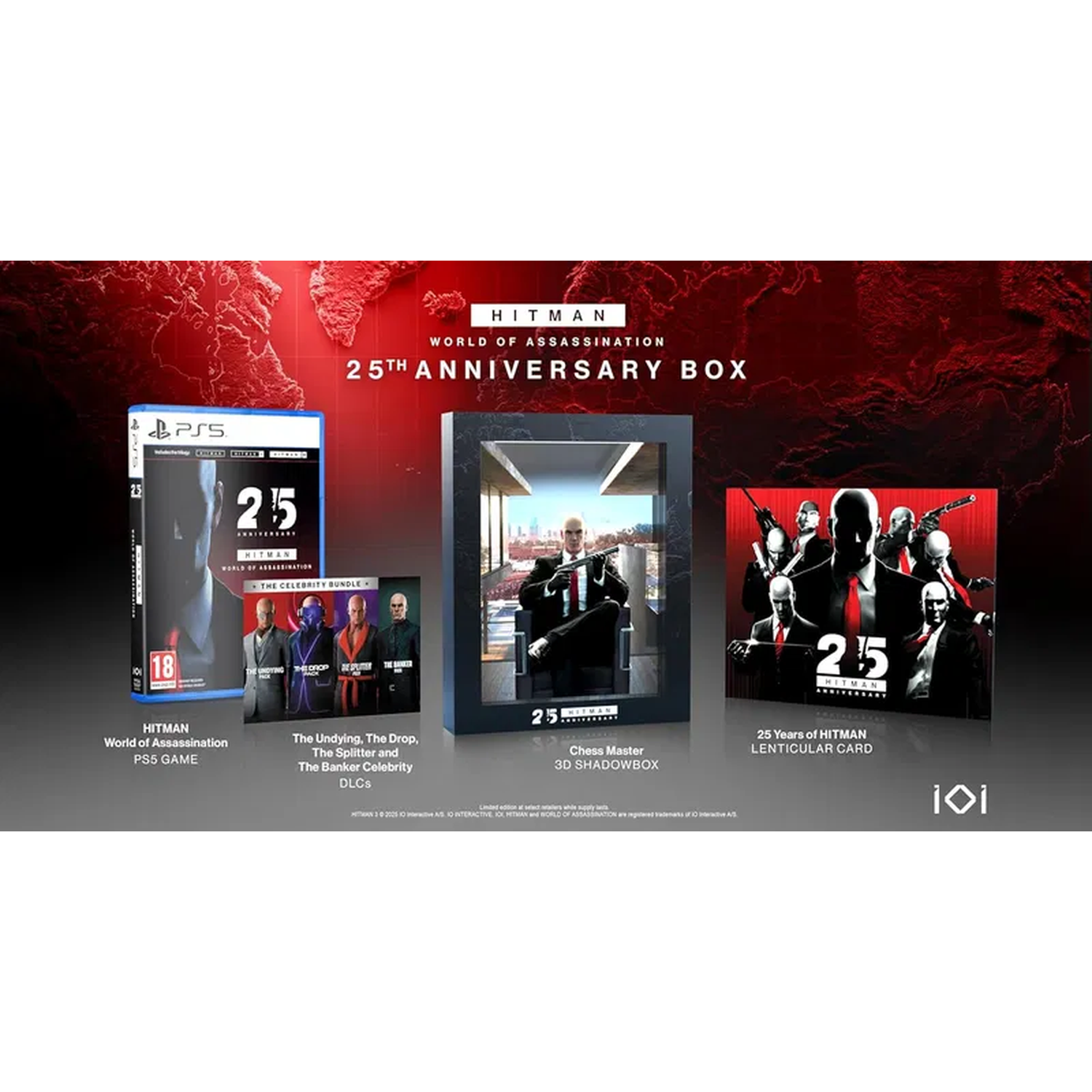 Hitman 25th Anniversary Box met PS5-game, DLC's, 3D-schaduwbox en lenticulaire kaart.