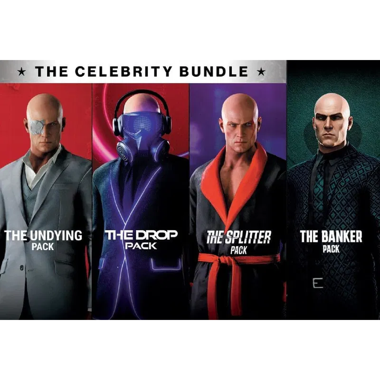 Vier kale mannen in pakken en gewaden. Titel luidt 'The Celebrity Bundle'.