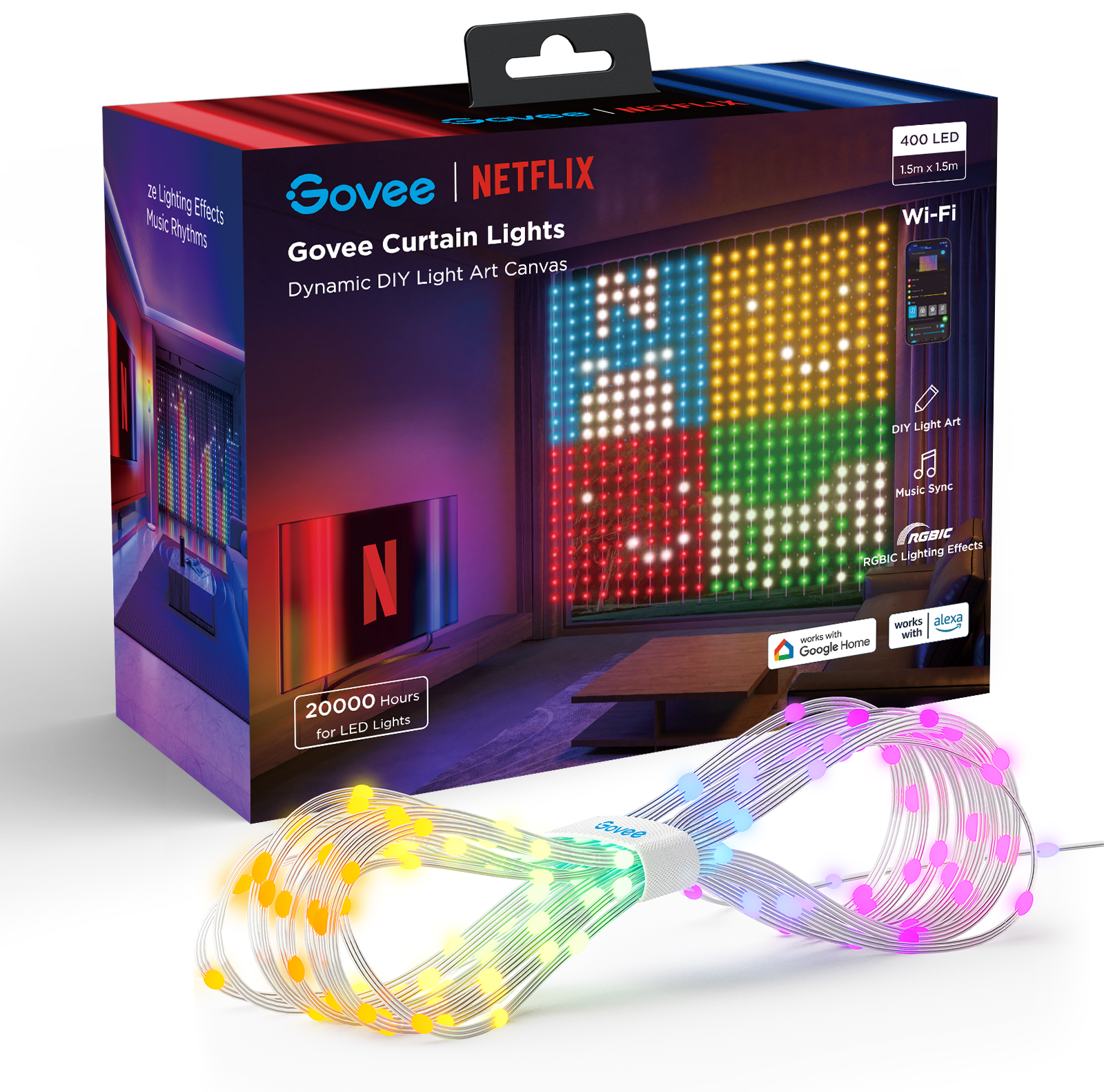 Govee Netflix függönylámpa, 400 LED, 1,5x1,5m, barkács fényalkotásokhoz.