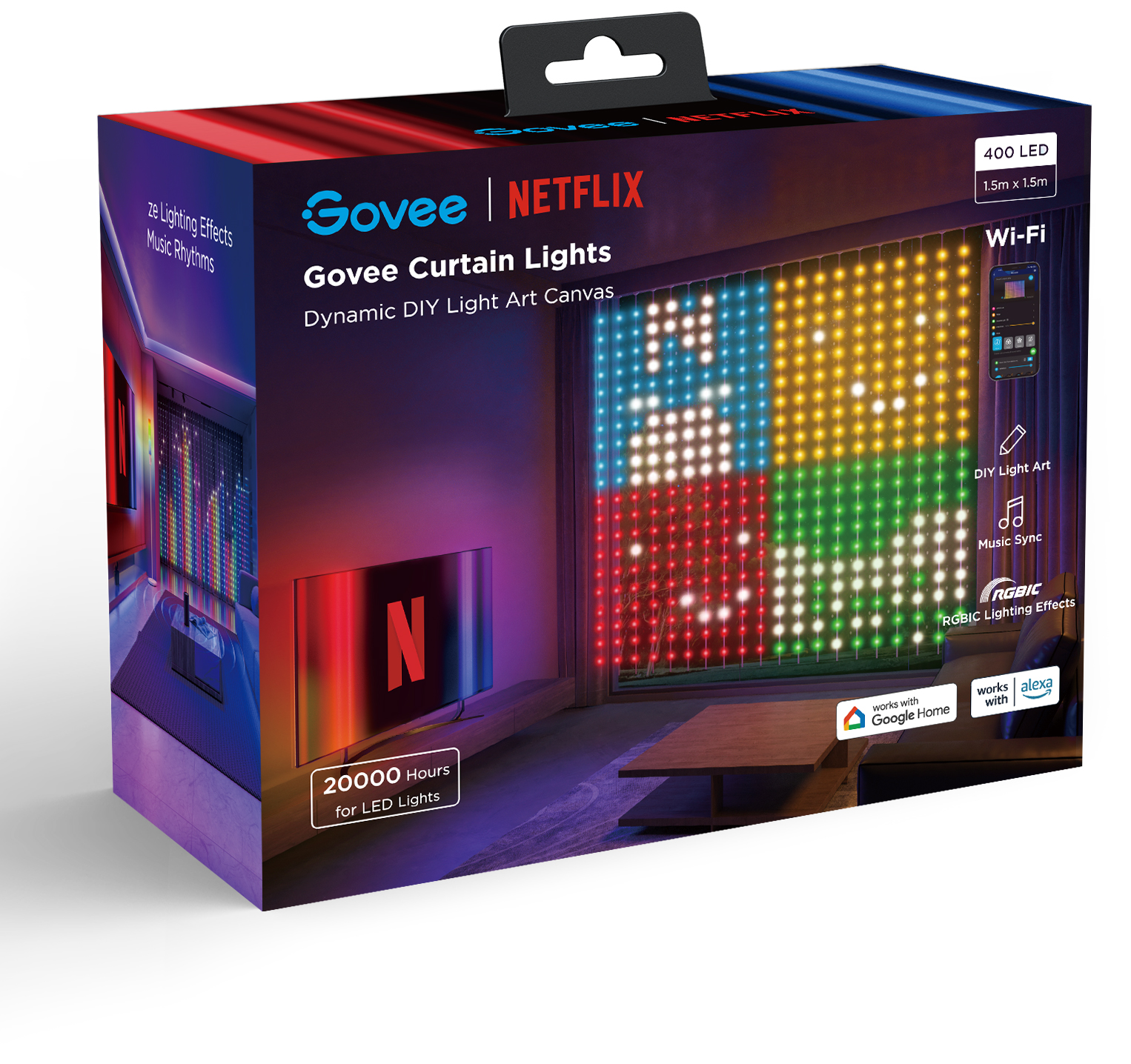 Govee Függönyfények doboz Netflix logóval és színes LED kijelzővel.