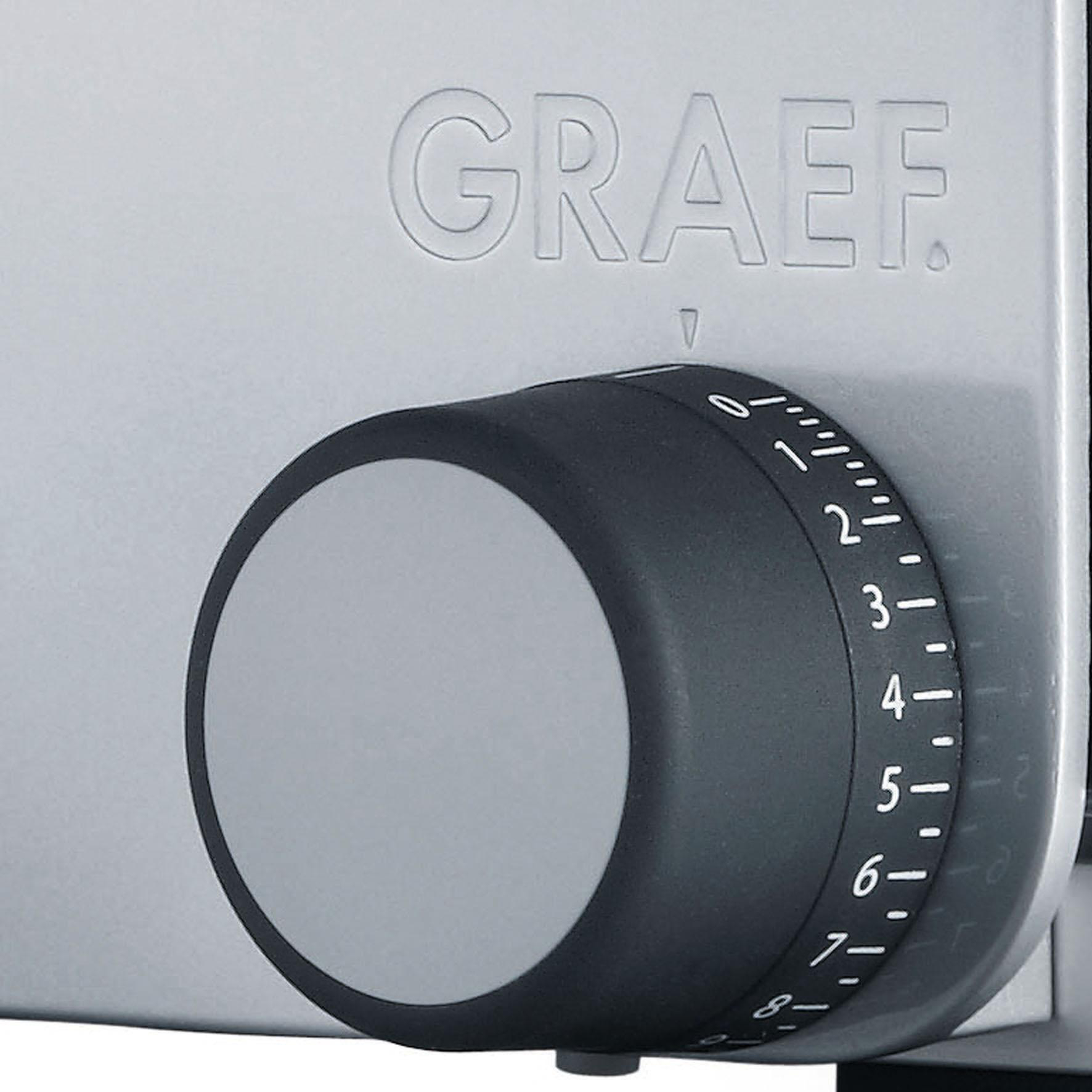 GRAEF-Logo über einem schwarzen Einstellknopf mit Zahlen 0-8 auf einem silbernen Gerät.