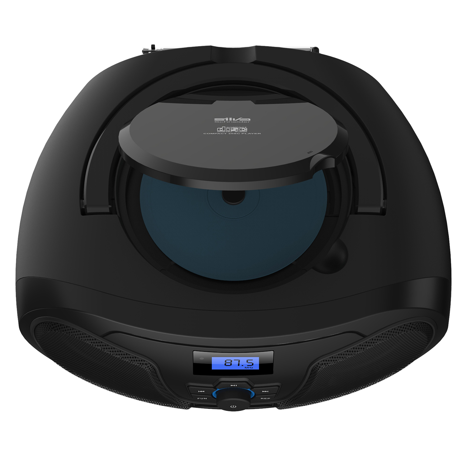 Schwarzer CD-Player mit geöffnetem Deckel, sichtbarem CD und Lautsprechern.