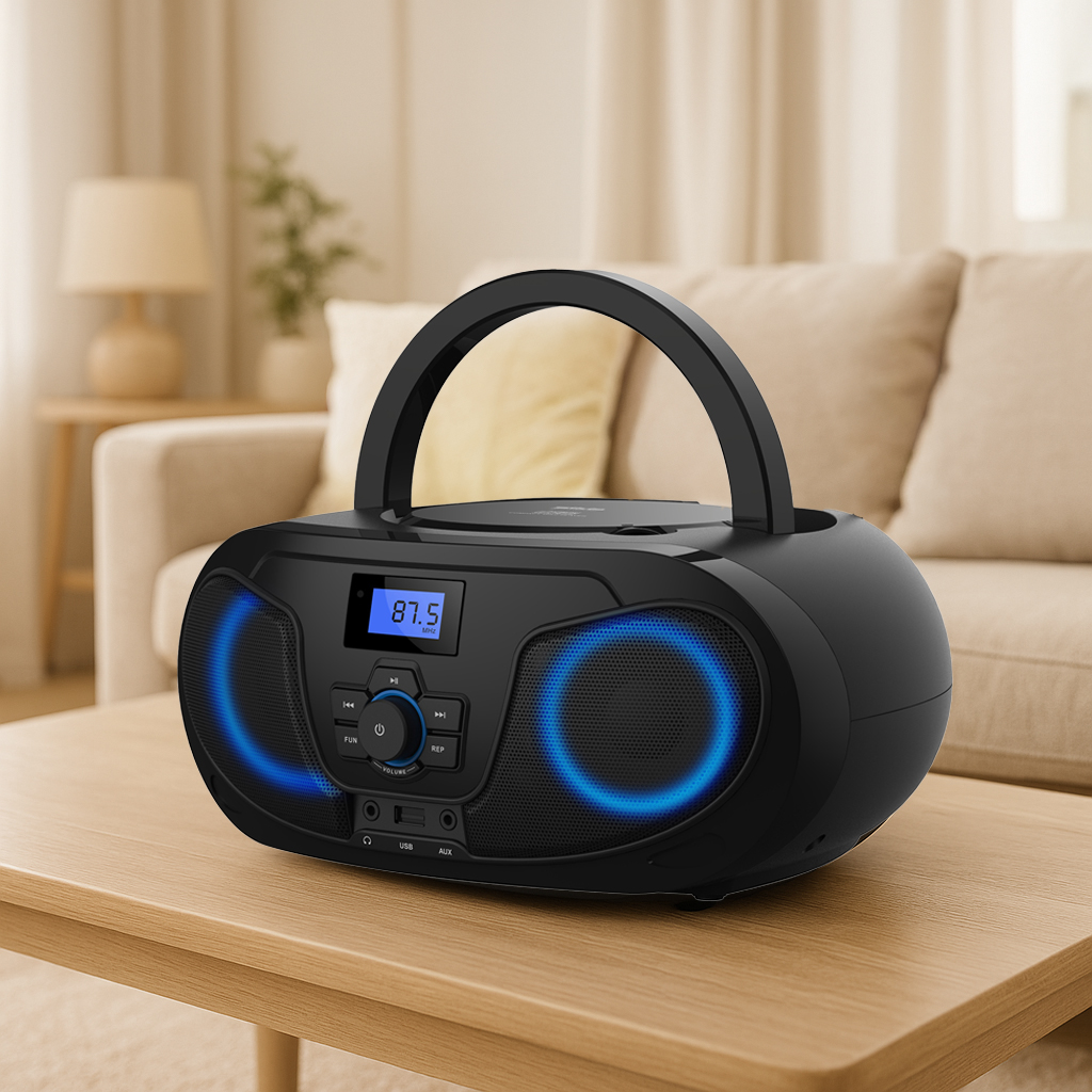 Schwarzer Boombox auf Holztisch mit blauen Lichtringen um die Lautsprecher.