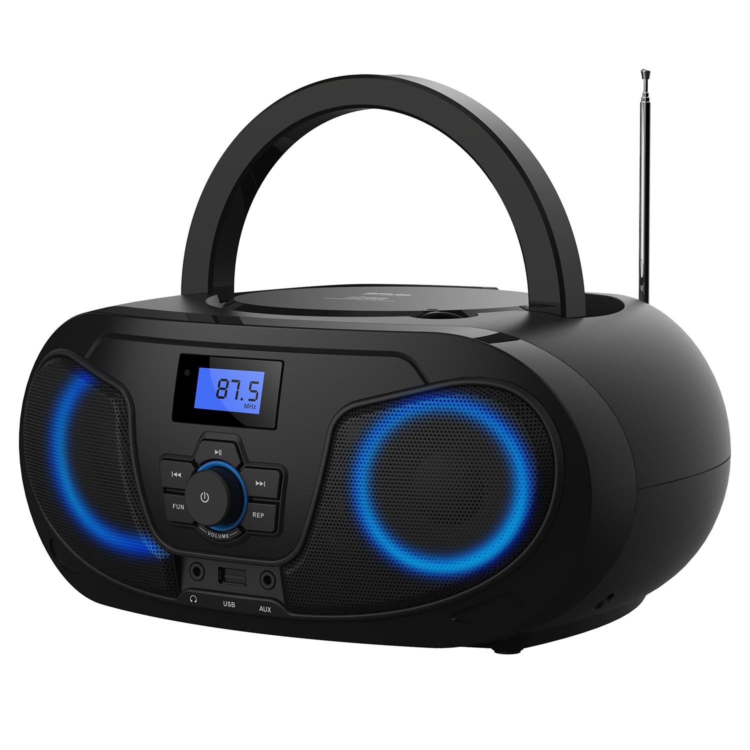 Schwarzer tragbarer CD-Player mit Radio, blauen Lichtern und ausklappbarer Antenne.