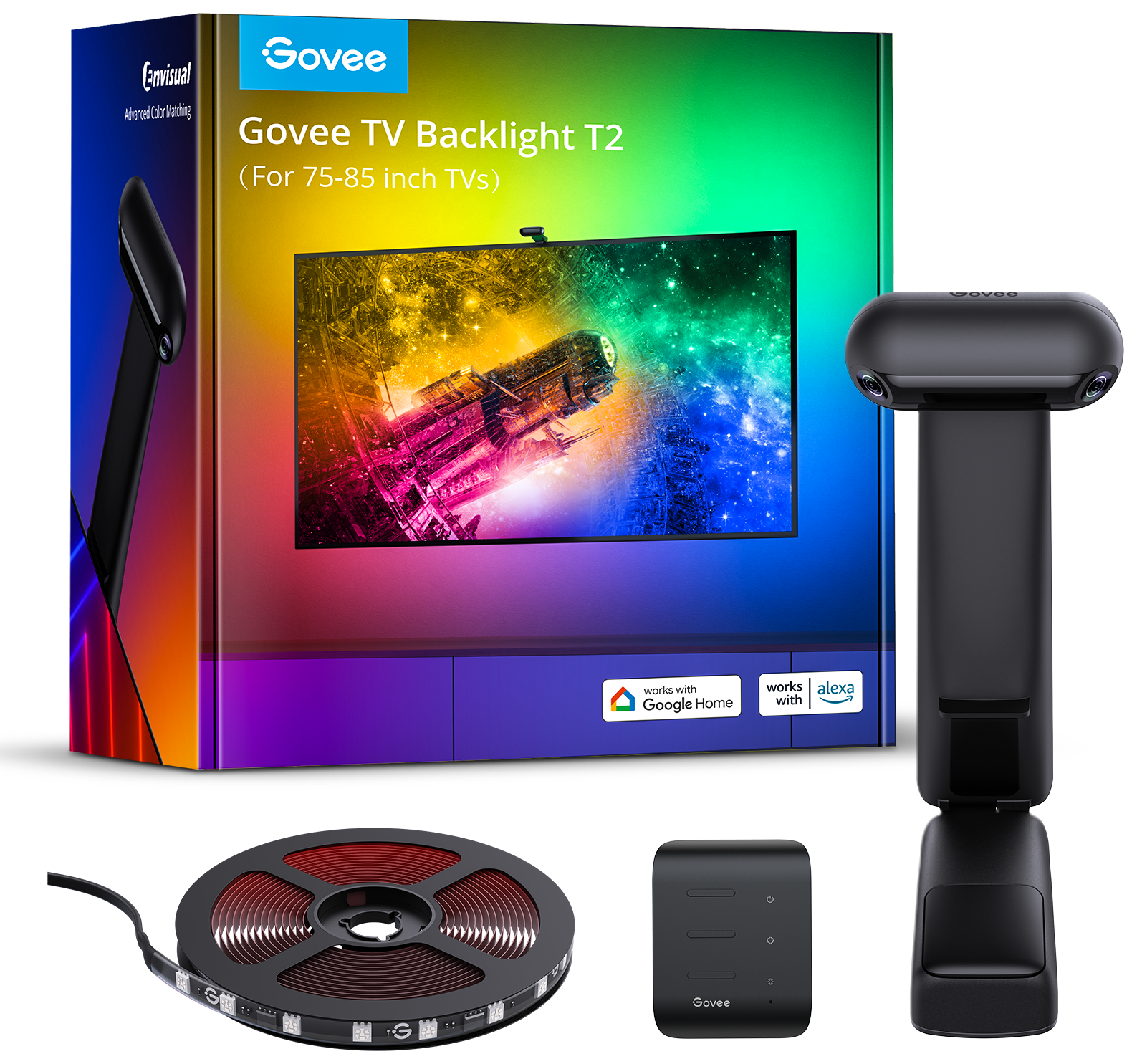 Govee TV háttérvilágítás T2, kamera, vezérlődoboz és LED szalag.