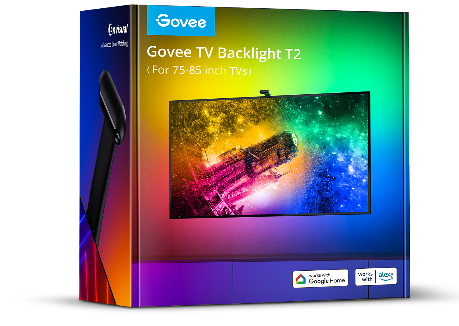 Govee TV Backlight T2 csomagolás színes TV-képernyővel és logókkal.