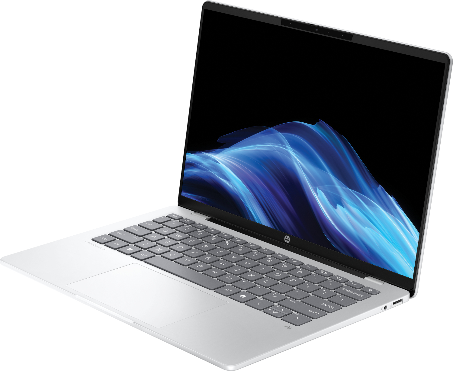 An open silver laptop with abstract blue background on screen.