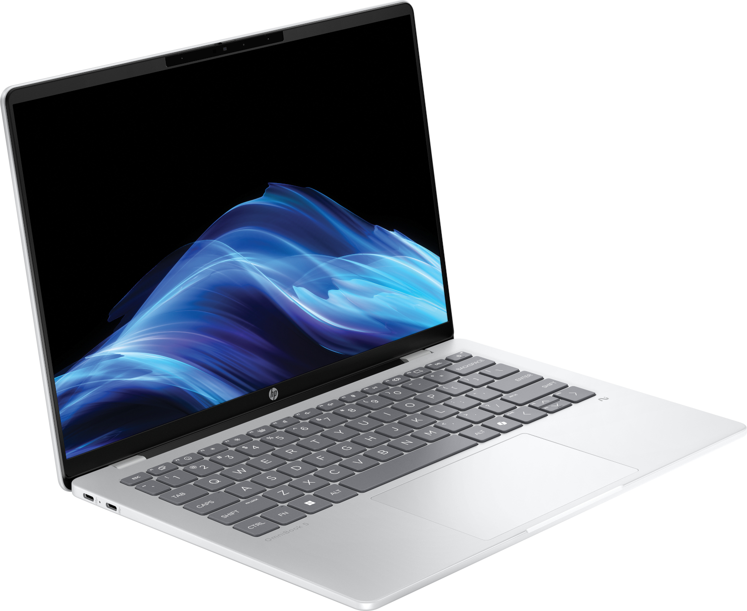 Silver laptop with a blue wavy pattern on the screen.