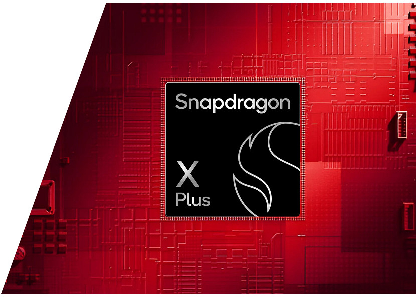 Snapdragon X Plus chip on a red background with circuitry.