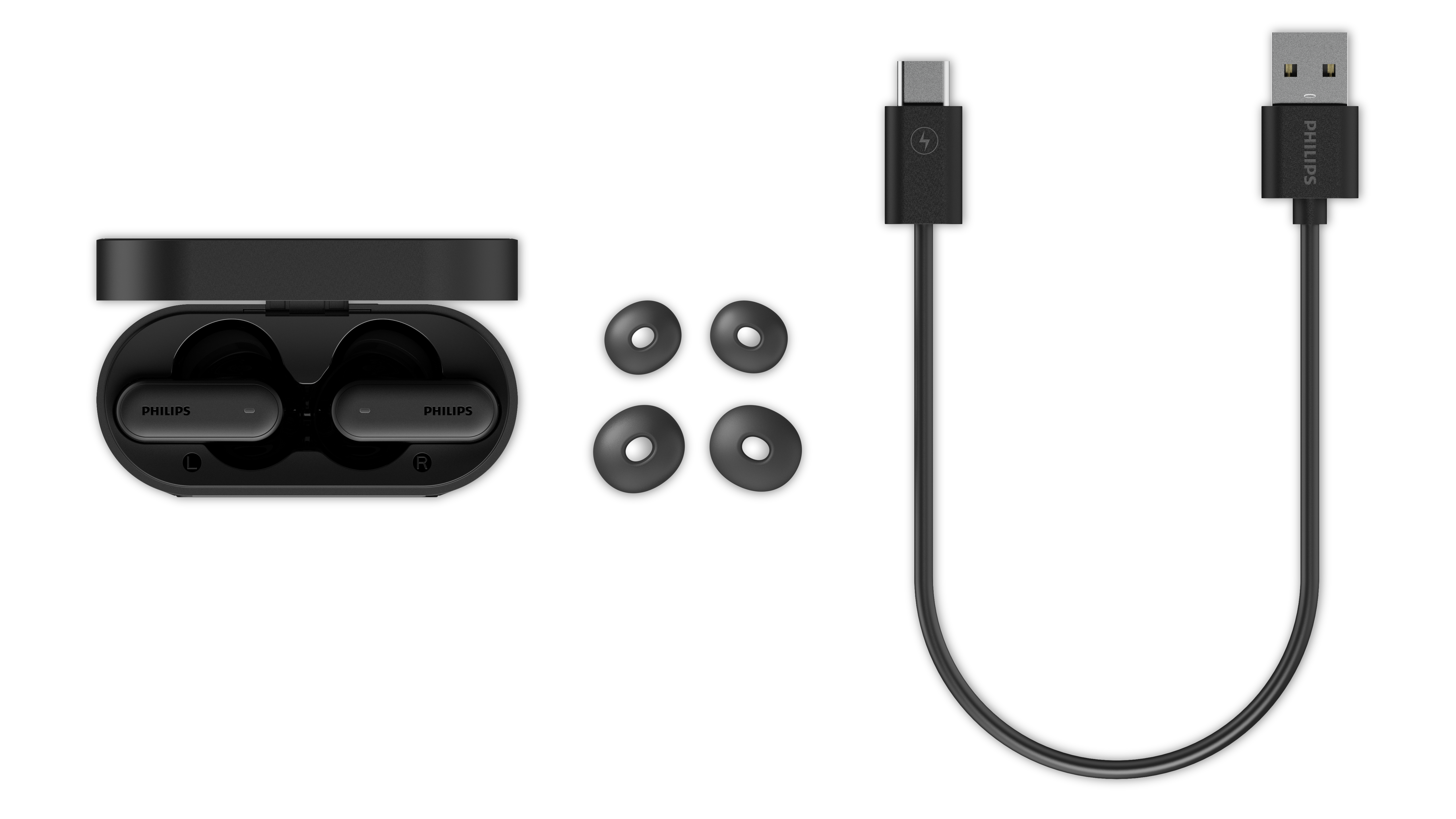 Schwarze Philips Ohrhörer mit Ladecase, Ersatz-Ohrstöpseln und USB-C Ladekabel.