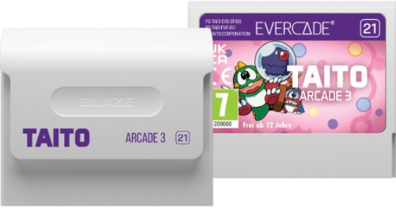 Zwei Evercade-Spielmodule, eines mit "TAITO ARCADE 3" und Charakteren.