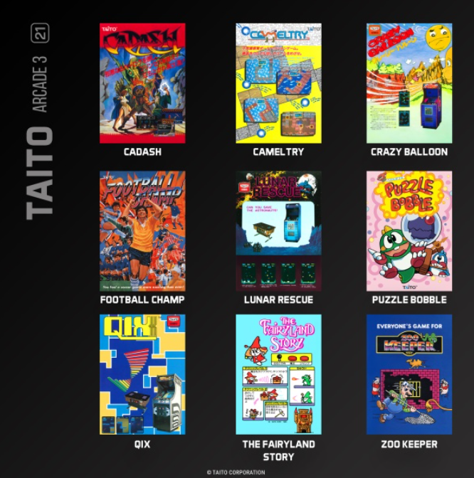 Collage von 9 Arcade-Spielen: Cadash, Cameltry, Crazy Balloon, Football Champ, Lunar Rescue, Puzzle Bobble, Qix, Fairy Land Story, Zoo Keeper.